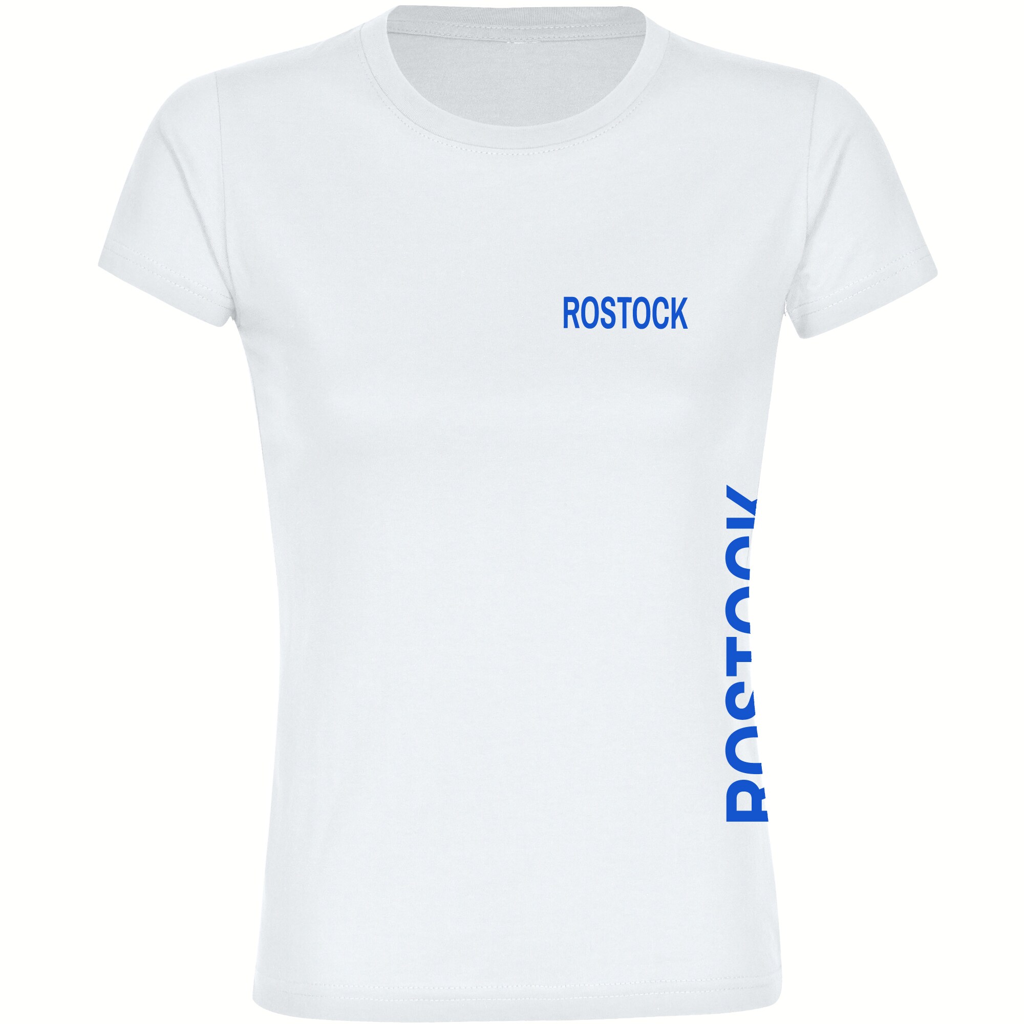 multifanshop Damen T-Shirt - Rostock - Brust & Seite - Druck blau - Frauen 