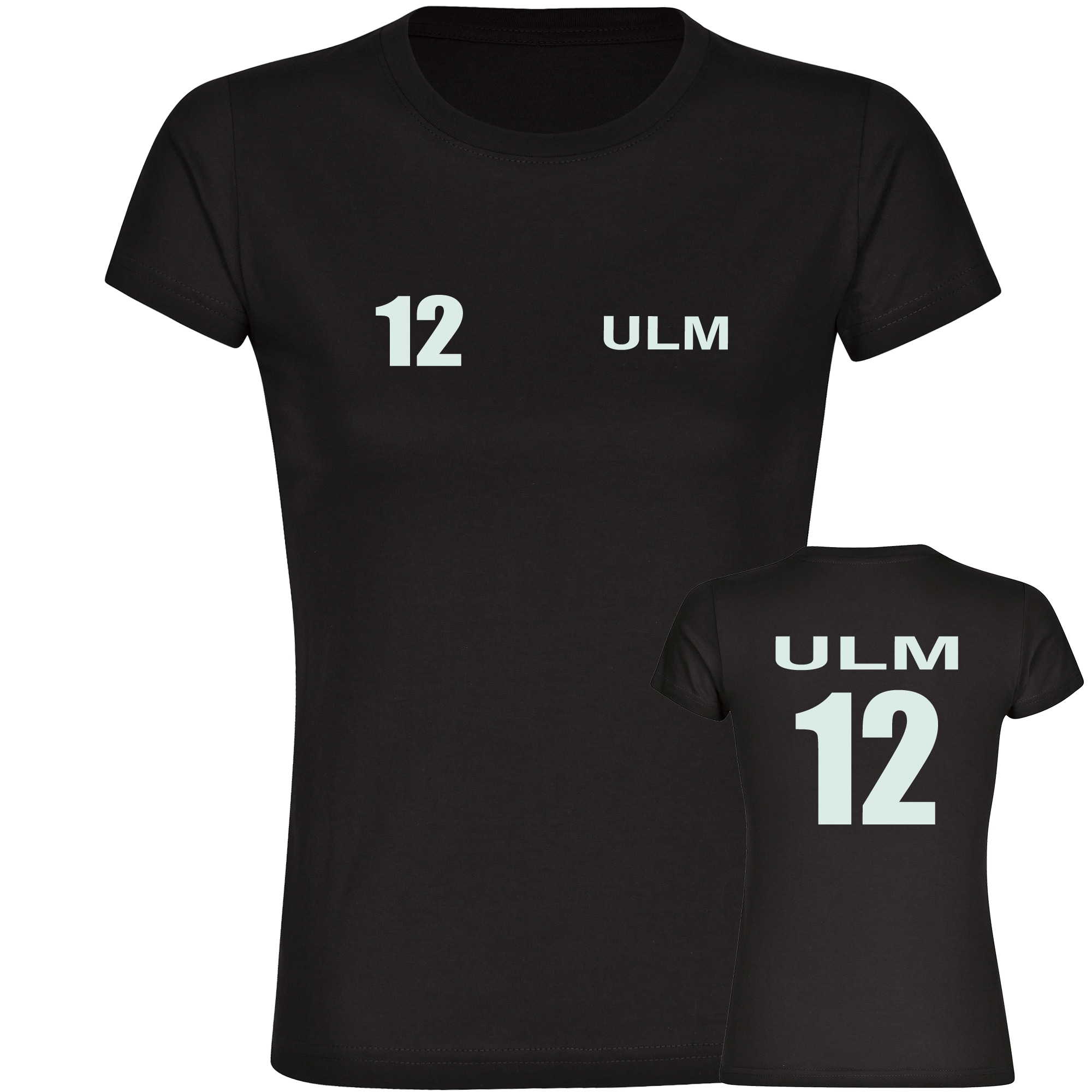 multifanshop Damen T-Shirt - Ulm - Trikot Nummer 12 - Druck wei&szlig; - Frauen 