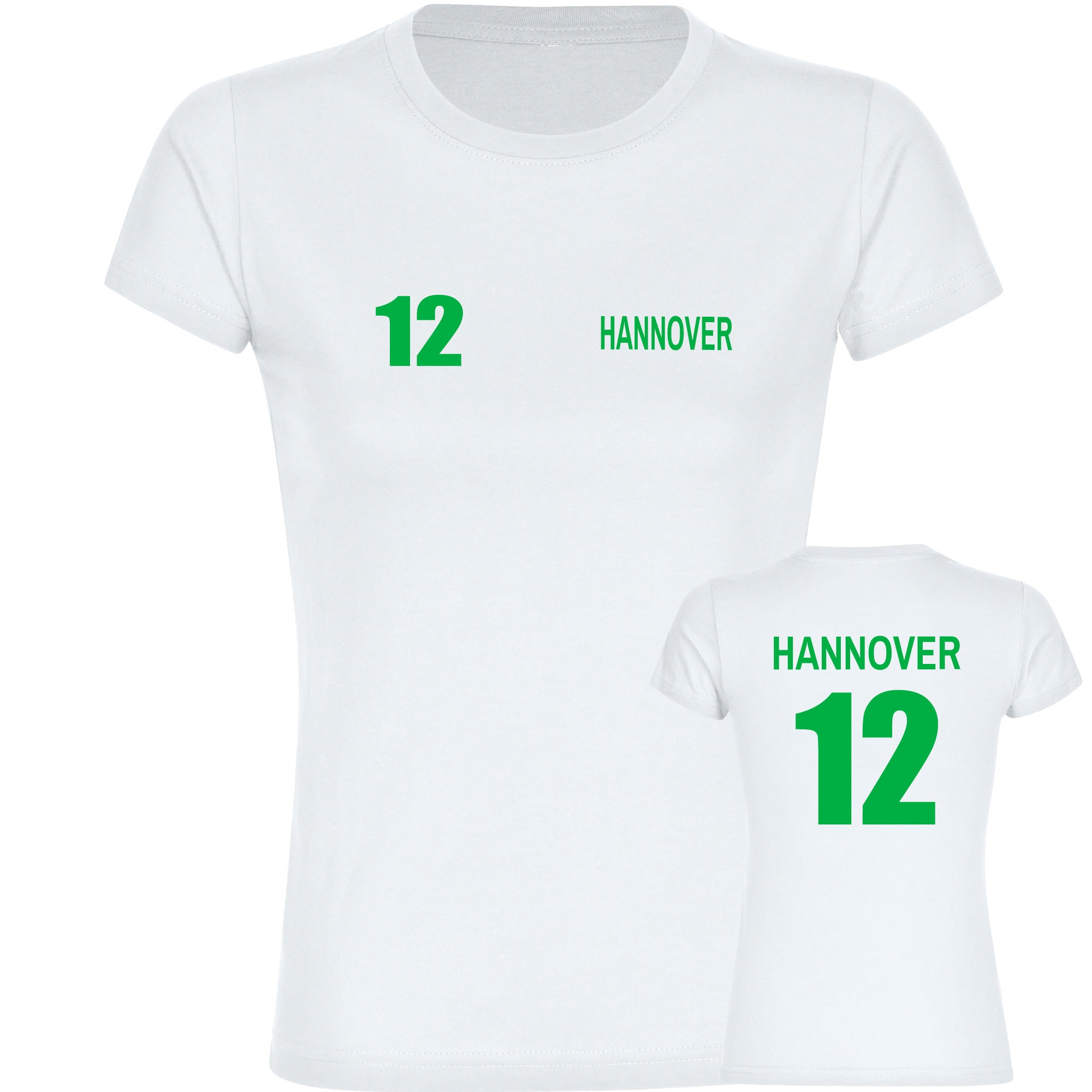 multifanshop Damen T-Shirt - Hannover - Trikot Nummer 12 - Druck gr&uuml;n - Frauen 