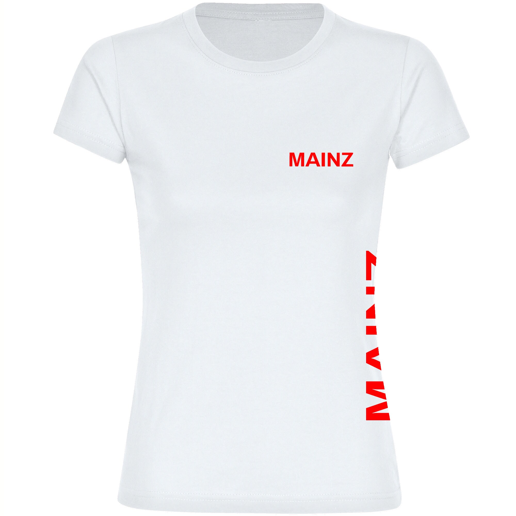 multifanshop Damen T-Shirt - Mainz - Brust & Seite - Druck rot - Frauen 