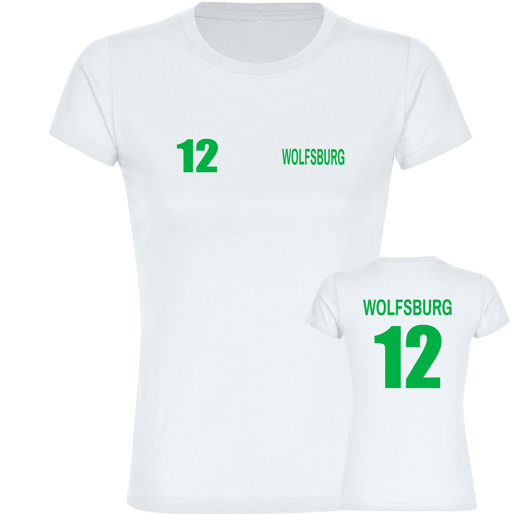 multifanshop Damen T-Shirt - Wolfsburg - Trikot Nummer 12 - Druck gr&uuml;n - Frauen 