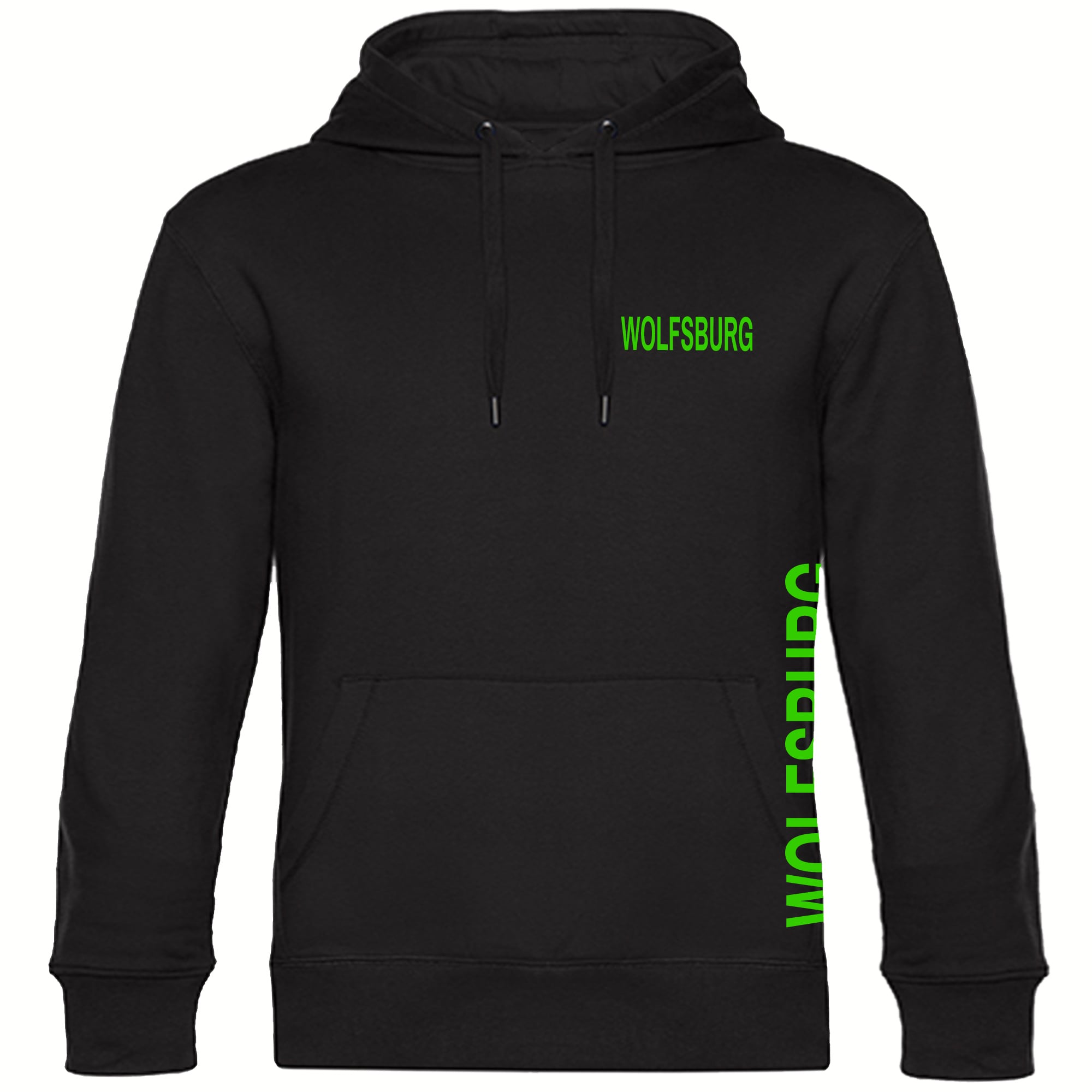 multifanshop Kapuzen Sweatshirt - Wolfsburg - Brust & Seite - Druck gr&uuml;n - Hoodie 