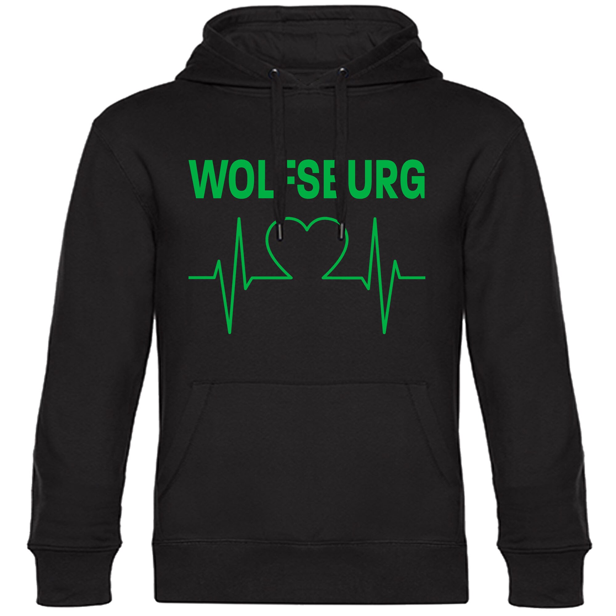 multifanshop Kapuzen Sweatshirt - Wolfsburg - Herzschlag - Druck gr&uuml;n - Hoodie 
