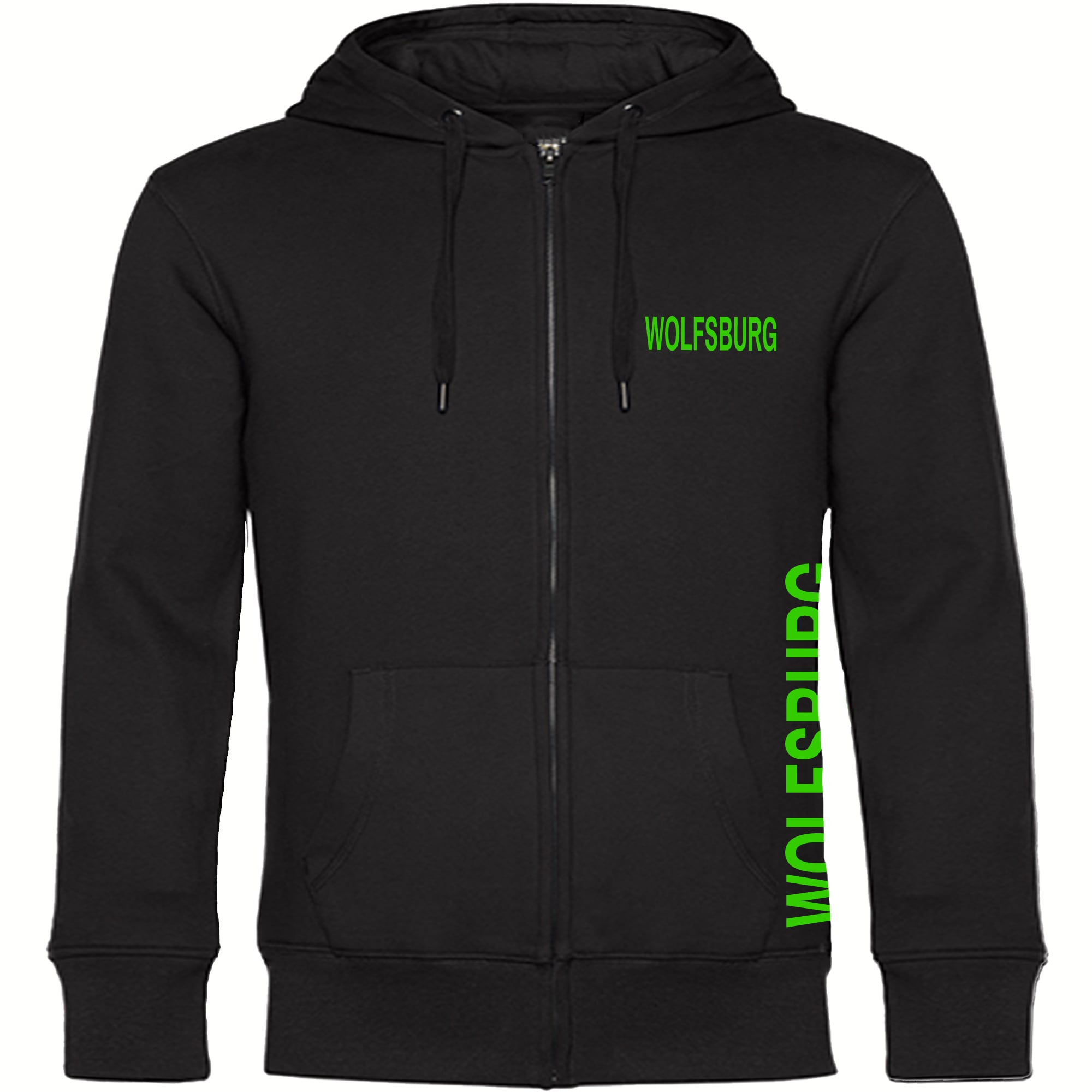 multifanshop Kapuzen Sweatshirt Jacke - Wolfsburg - Brust & Seite - Druck gr&uuml;n - Jacke 