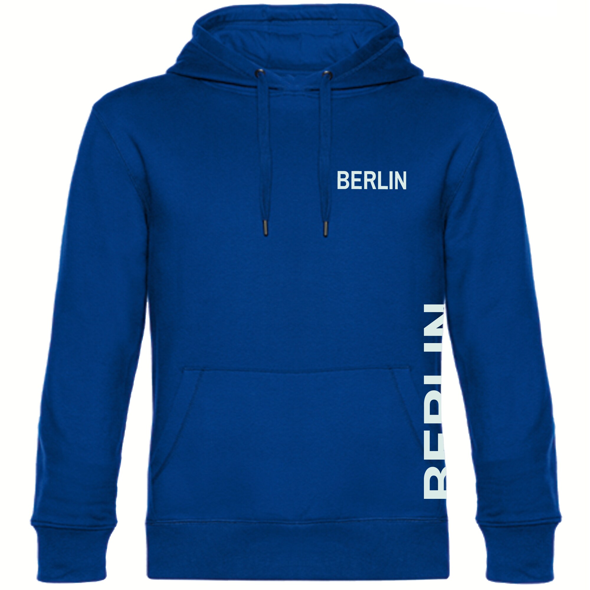 multifanshop Kapuzen Sweatshirt - Berlin blau - Brust & Seite - Druck wei&szlig; - Hoodie 