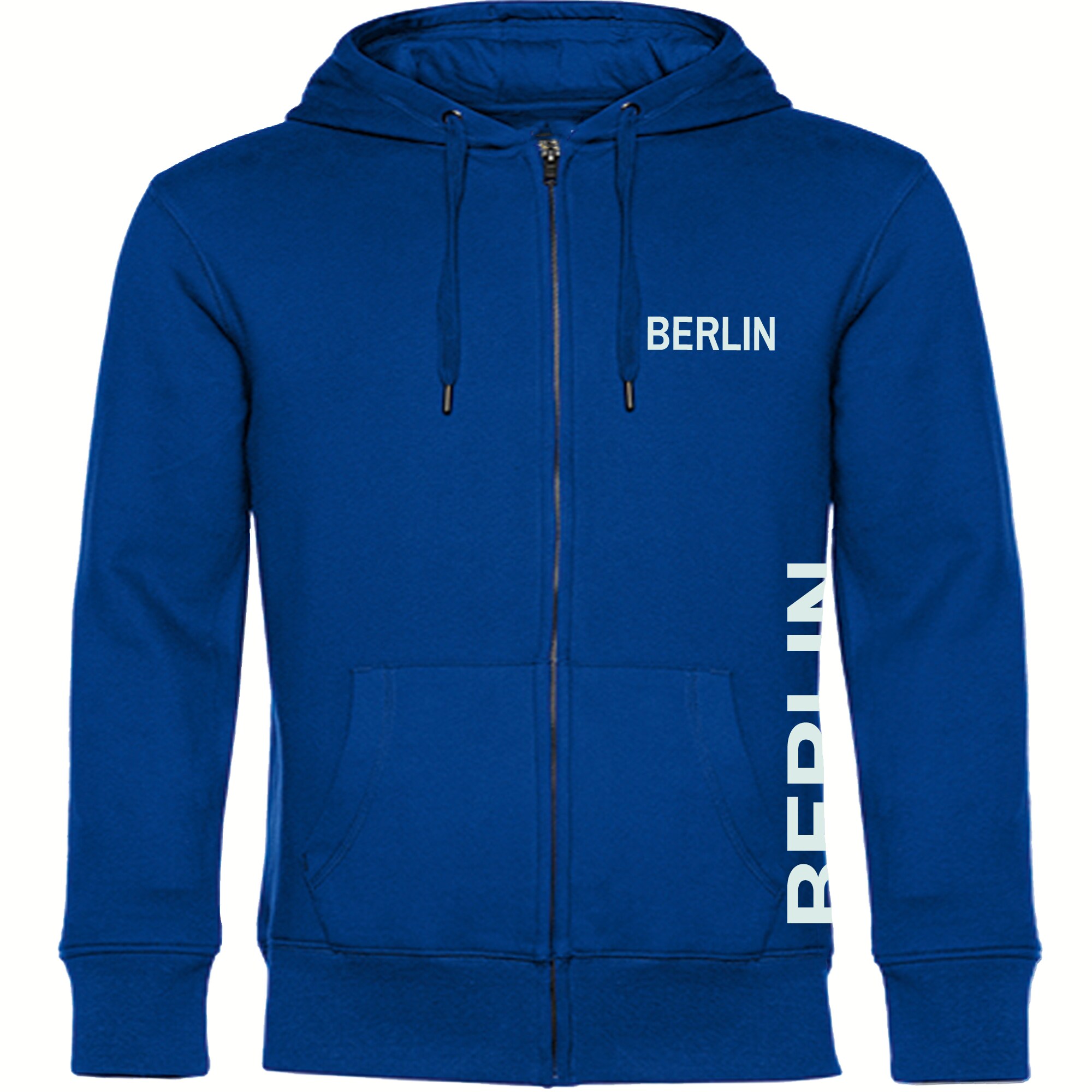 multifanshop Kapuzen Sweatshirt Jacke - Berlin blau - Brust & Seite - Druck wei&szlig; - Sweat 