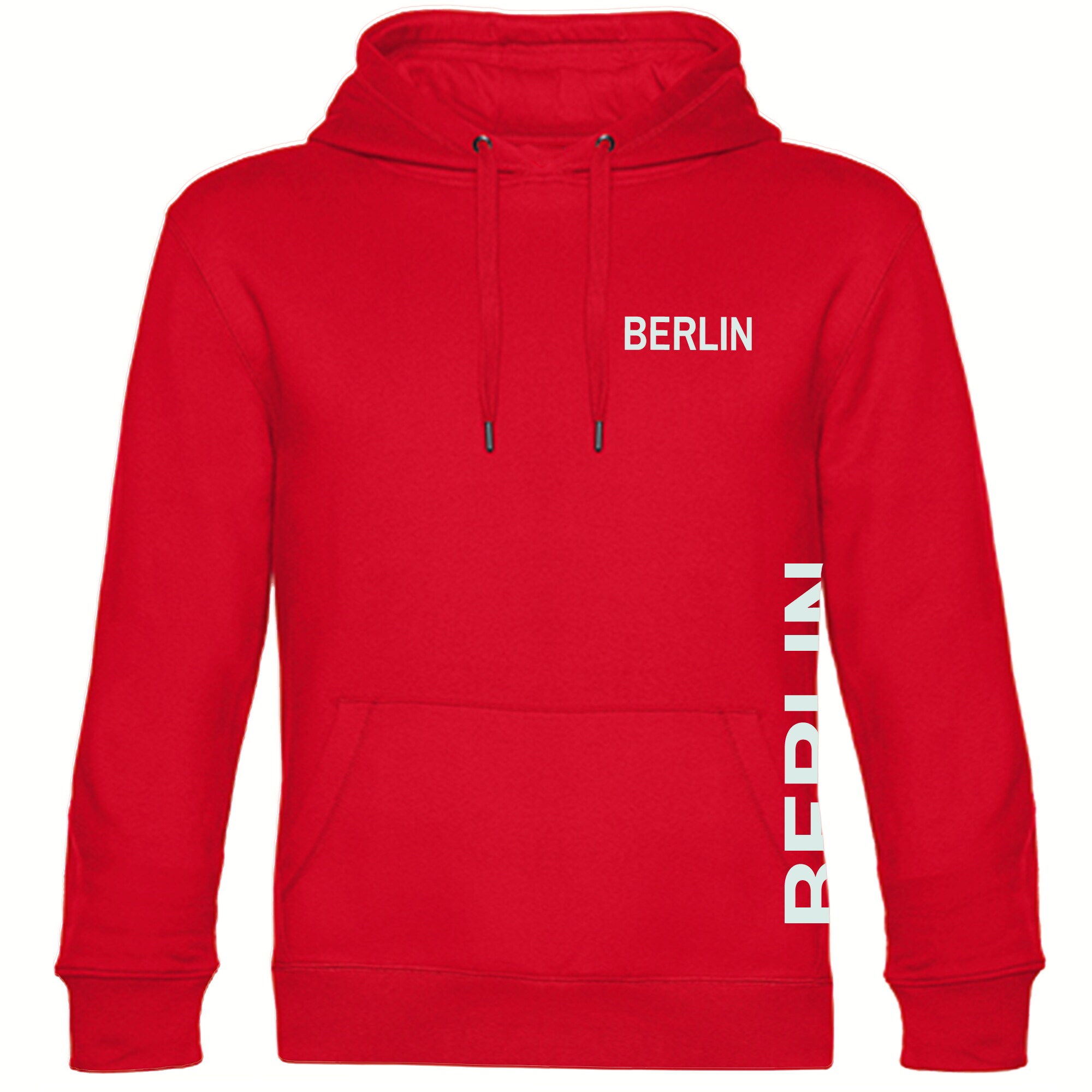 multifanshop Kapuzen Sweatshirt - Berlin rot - Brust & Seite - Druck wei&szlig; - Hoodie 