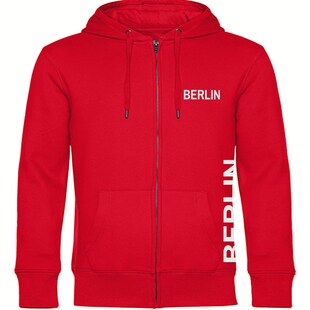 multifanshop Kapuzen Sweatshirt Jacke - Berlin rot - Brust & Seite - Druck weiß - Sweat 