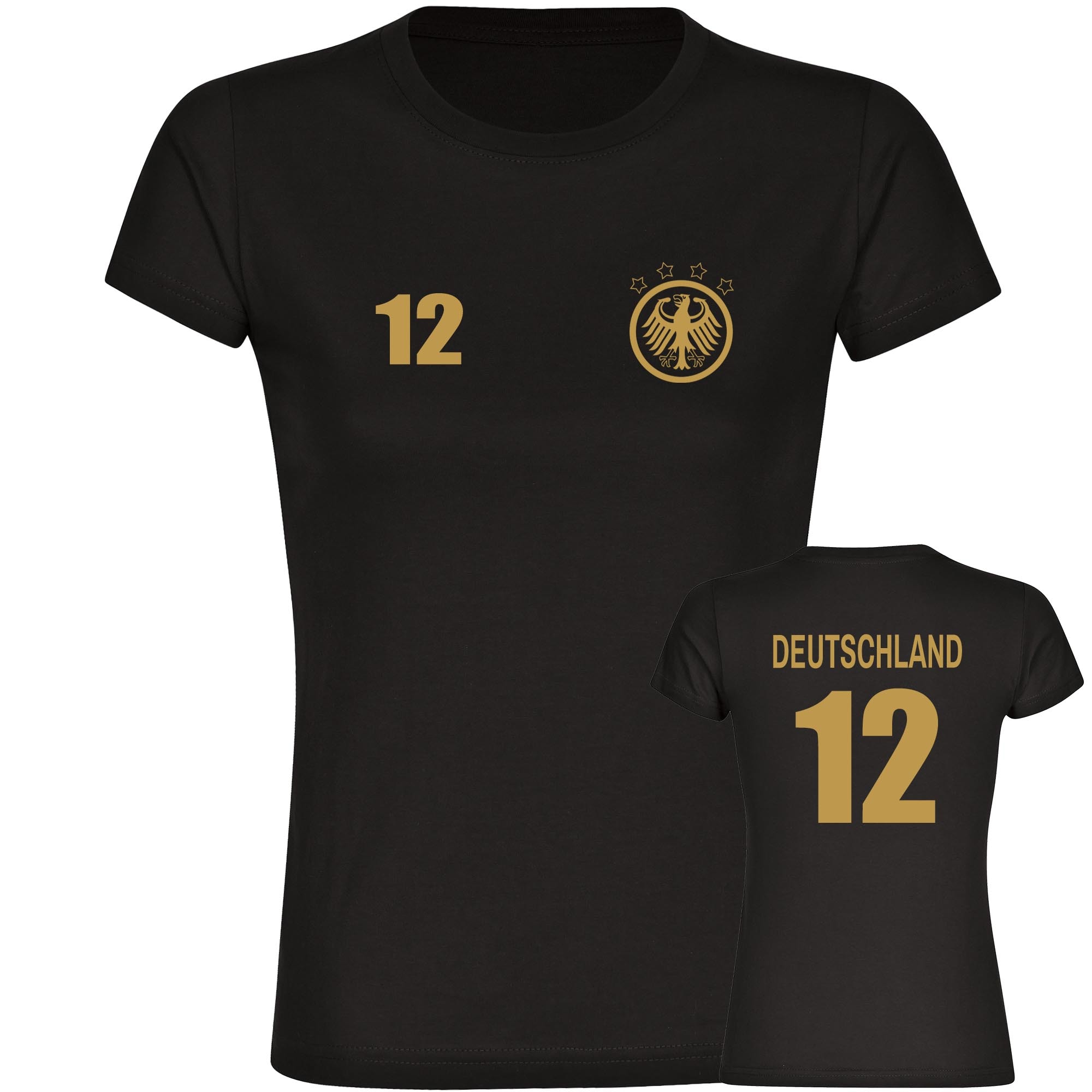 multifanshop Damen T-Shirt - Deutschland - Adler Retro Trikot 12 Gold - Druck gold metallic - Frauen 