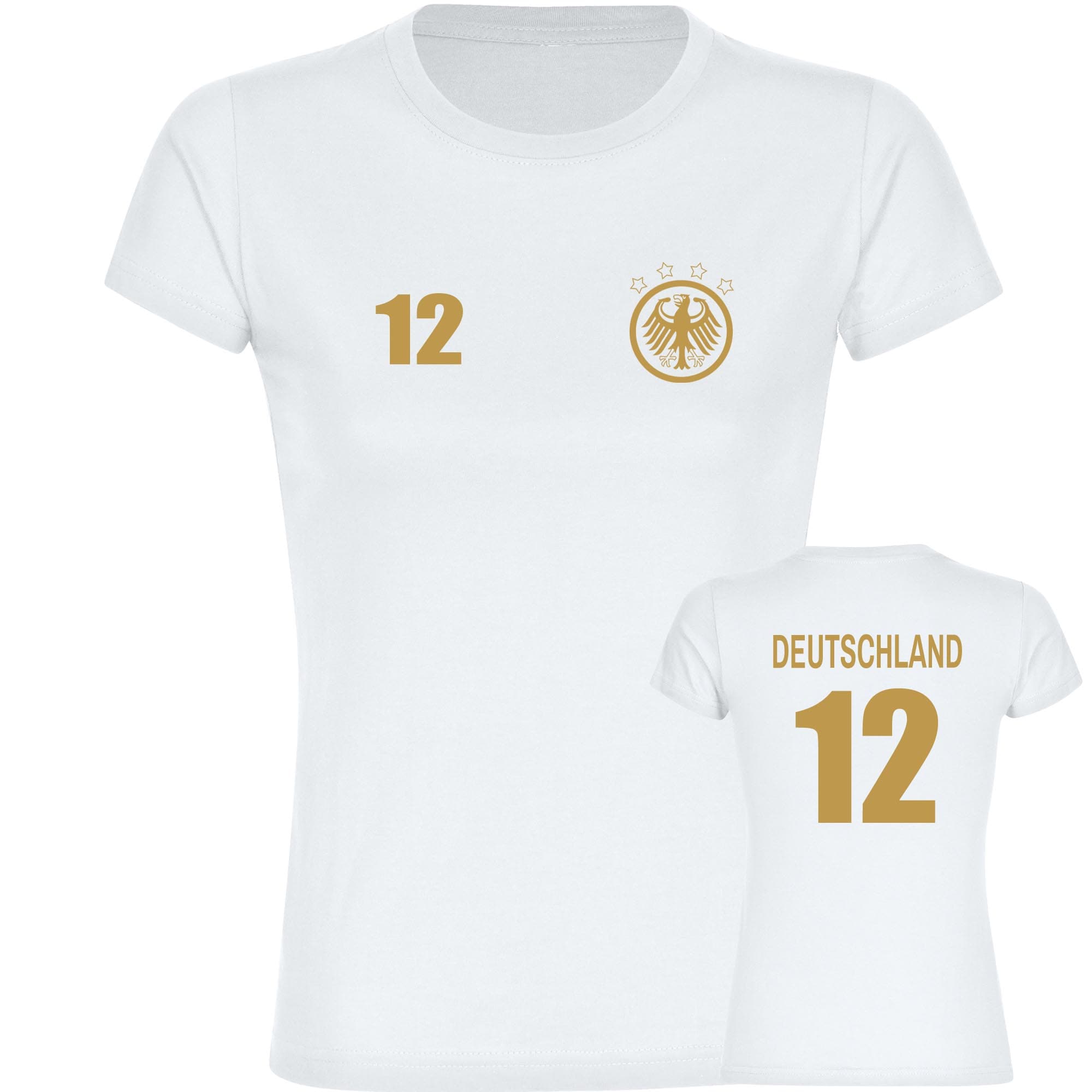 multifanshop Damen T-Shirt - Deutschland - Adler Retro Trikot 12 Gold - Druck gold metallic - Frauen 