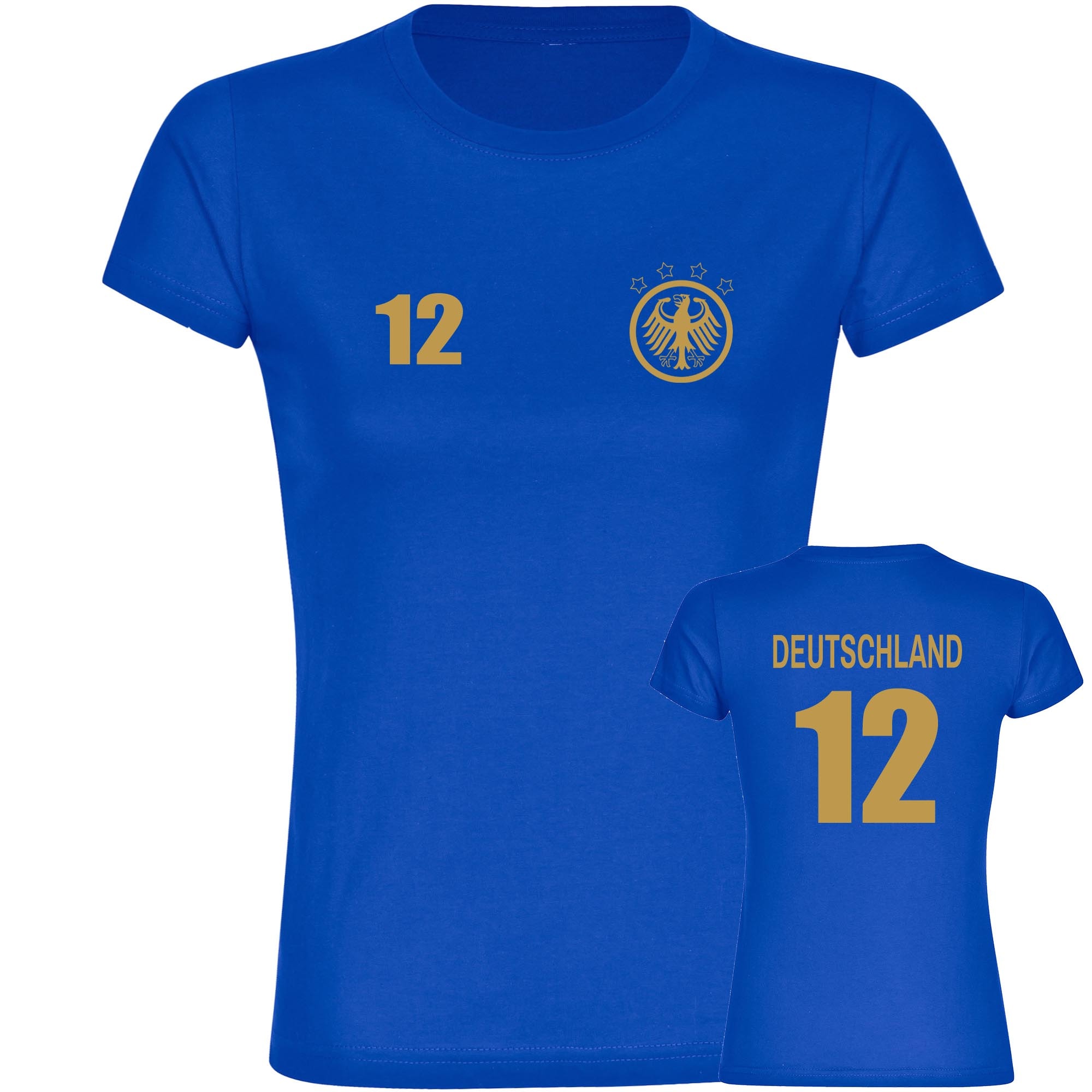 multifanshop Damen T-Shirt - Deutschland - Adler Retro Trikot 12 Gold - Druck gold metallic - Frauen 