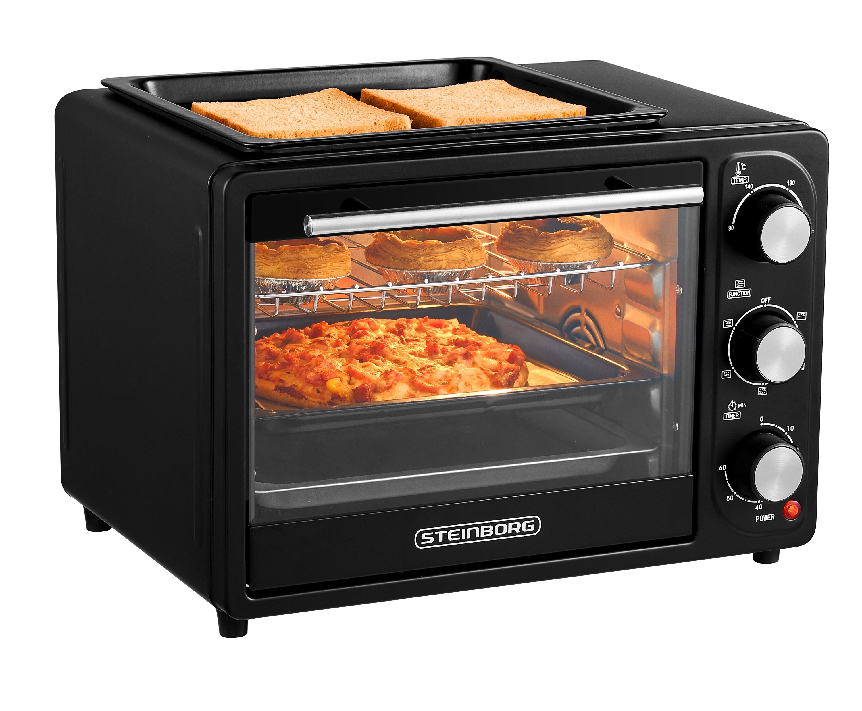 Steinborg 3in1 Minibackofen 20L mit Grillplatte Umluft 1300W schwarz 