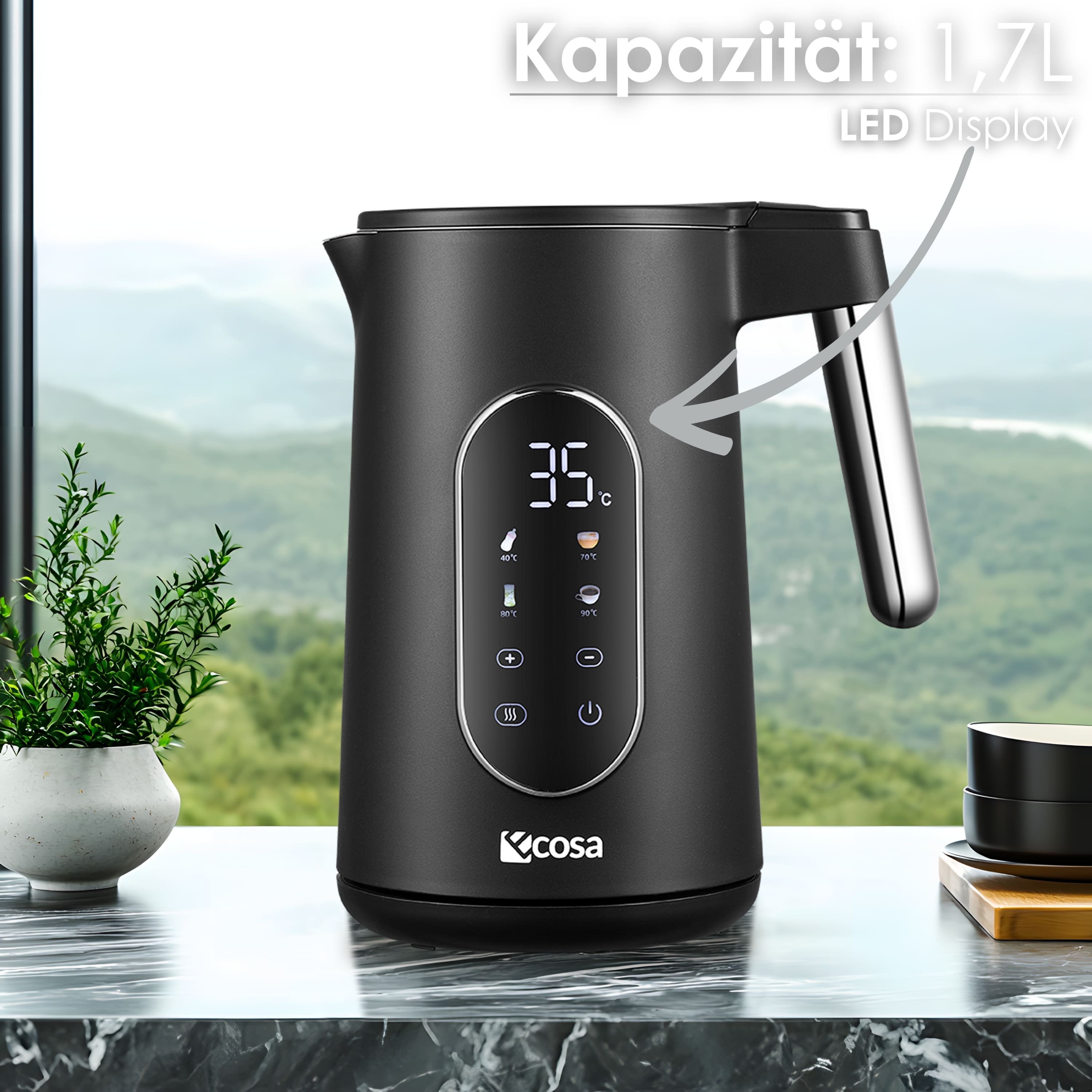 Ecosa Edelstahl Wasserkocher m. Temperatureinstellung Warmhaltefunktion 1.7L