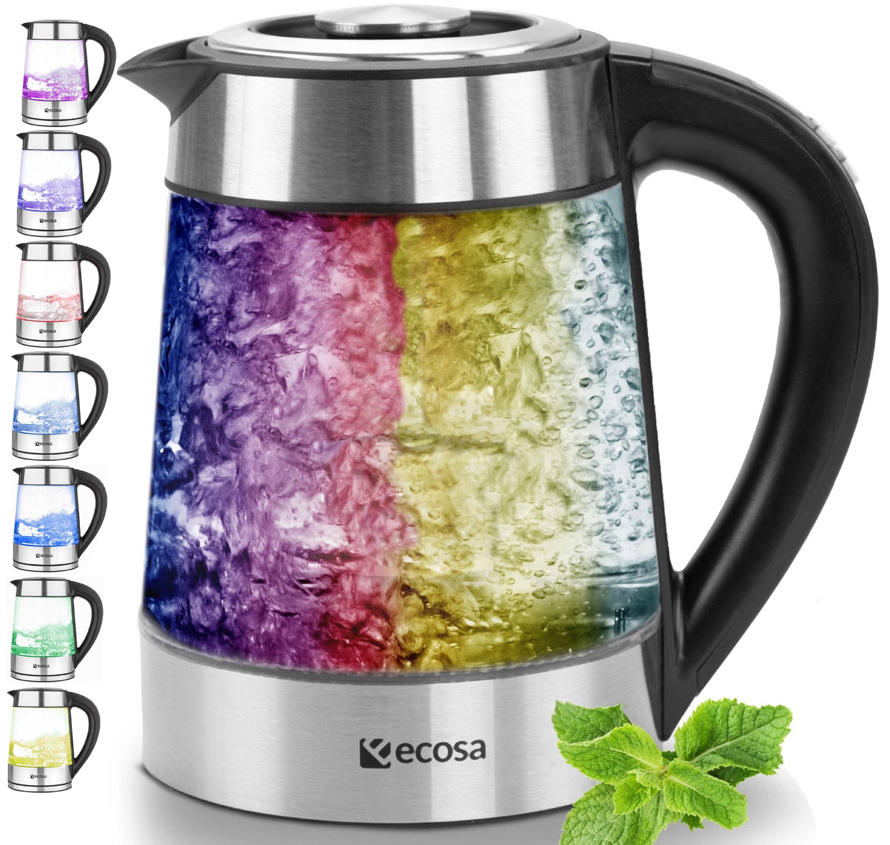 Ecosa Glas Wasserkocher m. Temperatureinstellung LED Beleuchtung 1.7L 