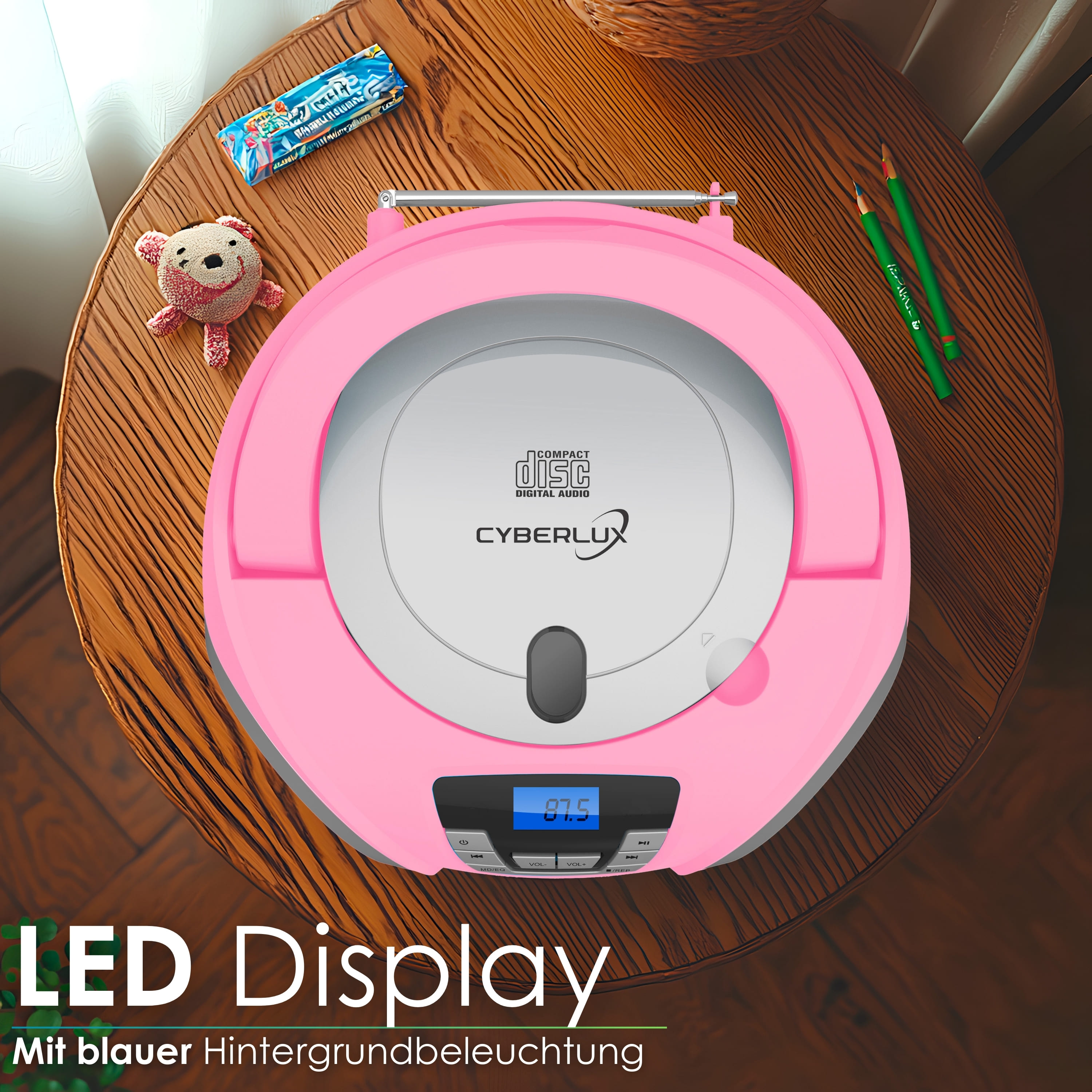 Cyberlux LED CD Player, Headphone Jack, Portable Stereo Radio, Children's Radio, Stereo System, USB, CD/MP3 Player, FM Radio, Headphone Jack, Aux In (Pretty Kitty Pink