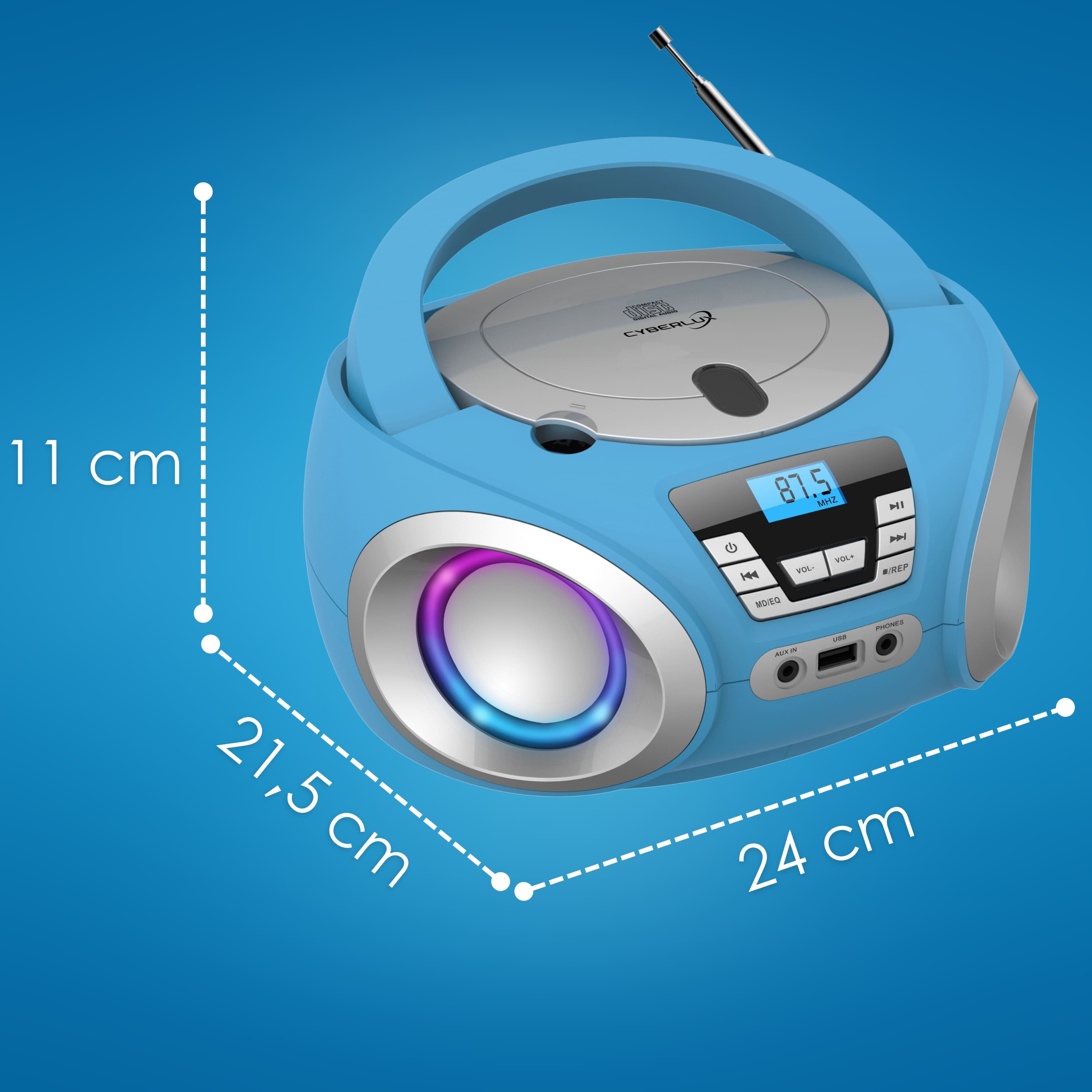 Cyberlux Draagbare CD-Stereo Radio Met LED Verlichting - USB, MP3, FM, Aux In, Hoofdtelefoon, Kinderradio