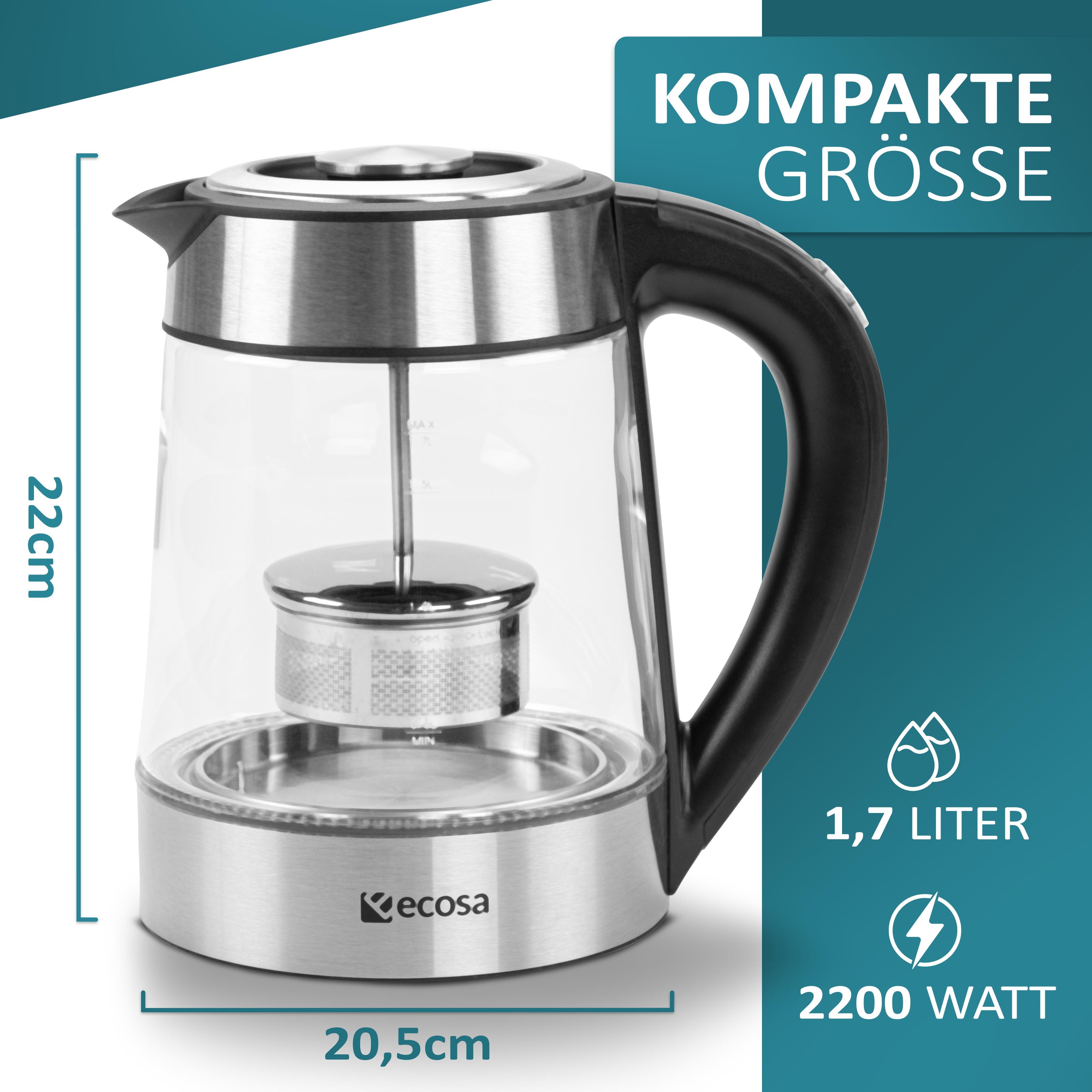 Ecosa Glas Wasserkocher 1,8 Liter | 2200 Watt | Edelstahl