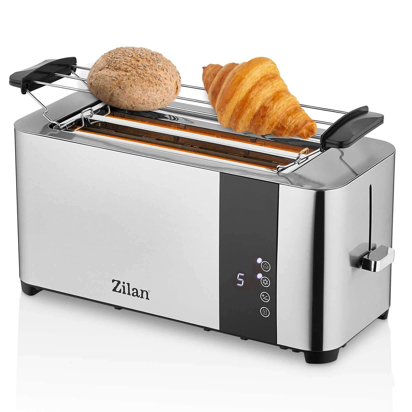 Edelstahl Langschlitz Toaster mit Brötchenaufsatz und Krümelschublade 1400 W
