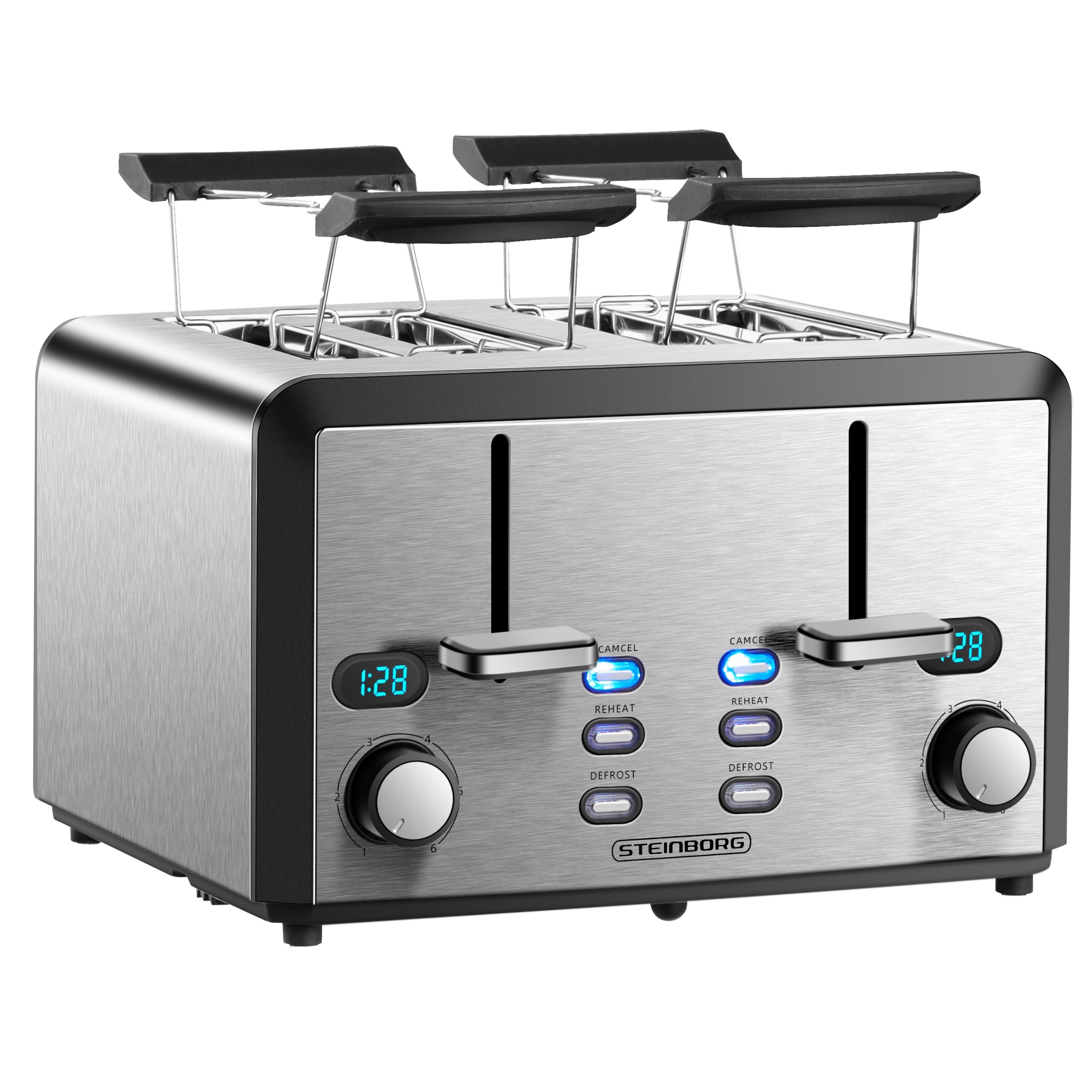 Steinborg 4 Scheiben Edelstahl XXL Toaster mit Br&ouml;tchenaufsatz 1600W 