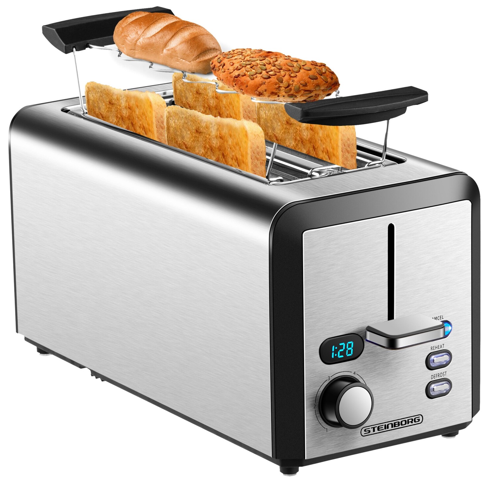 Langschlitz Toaster Digitales Display m. Brötchenaufsatz 1500W