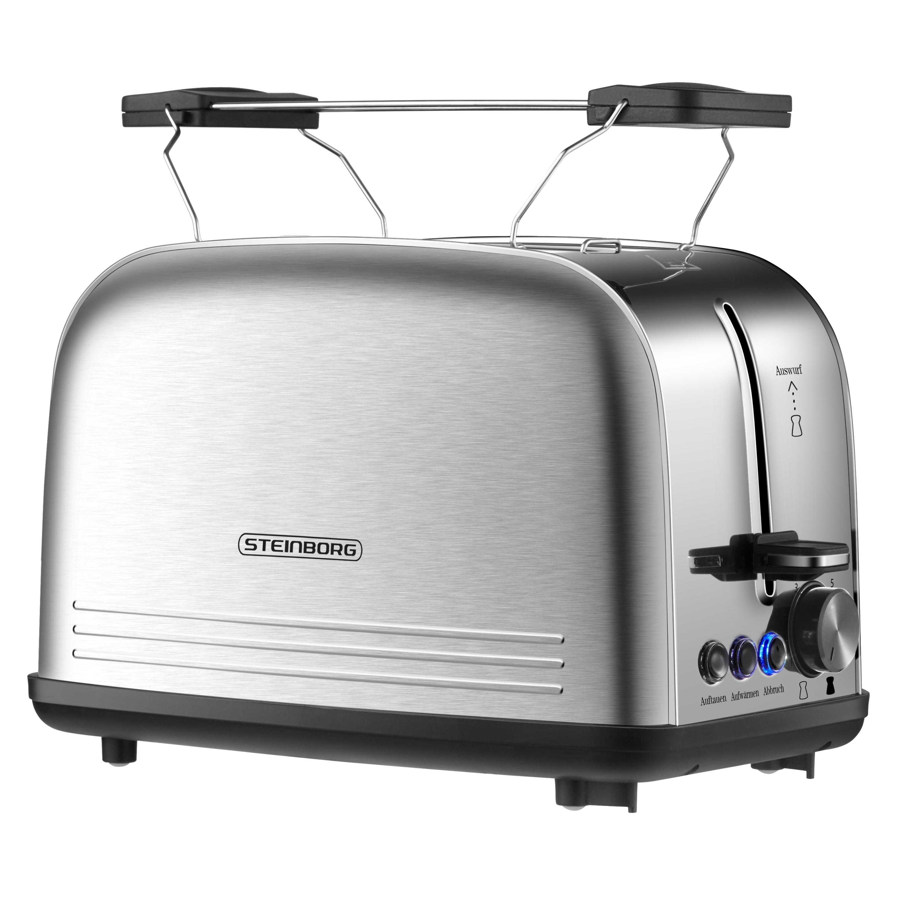 Steinborg 2 Scheiben Edelstahl Toaster mit Br&ouml;tchenaufsatz Kr&uuml;melschublade 850W 