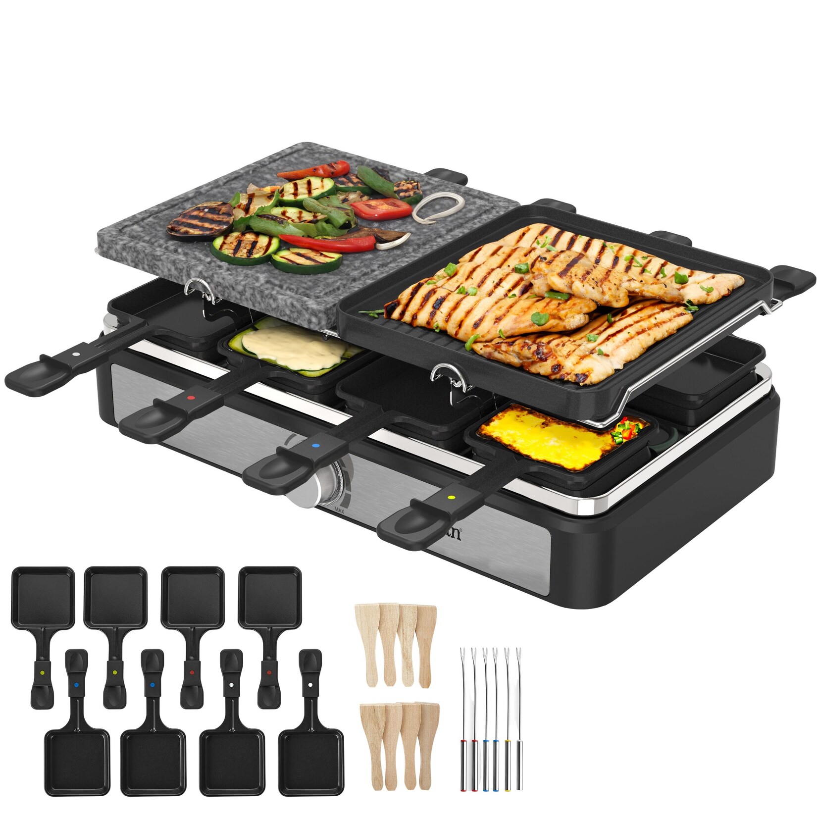 Raclette Grill für 8 Personen mit kombinierter Grillfläche Naturgrillstein und Grillplatte 1400W