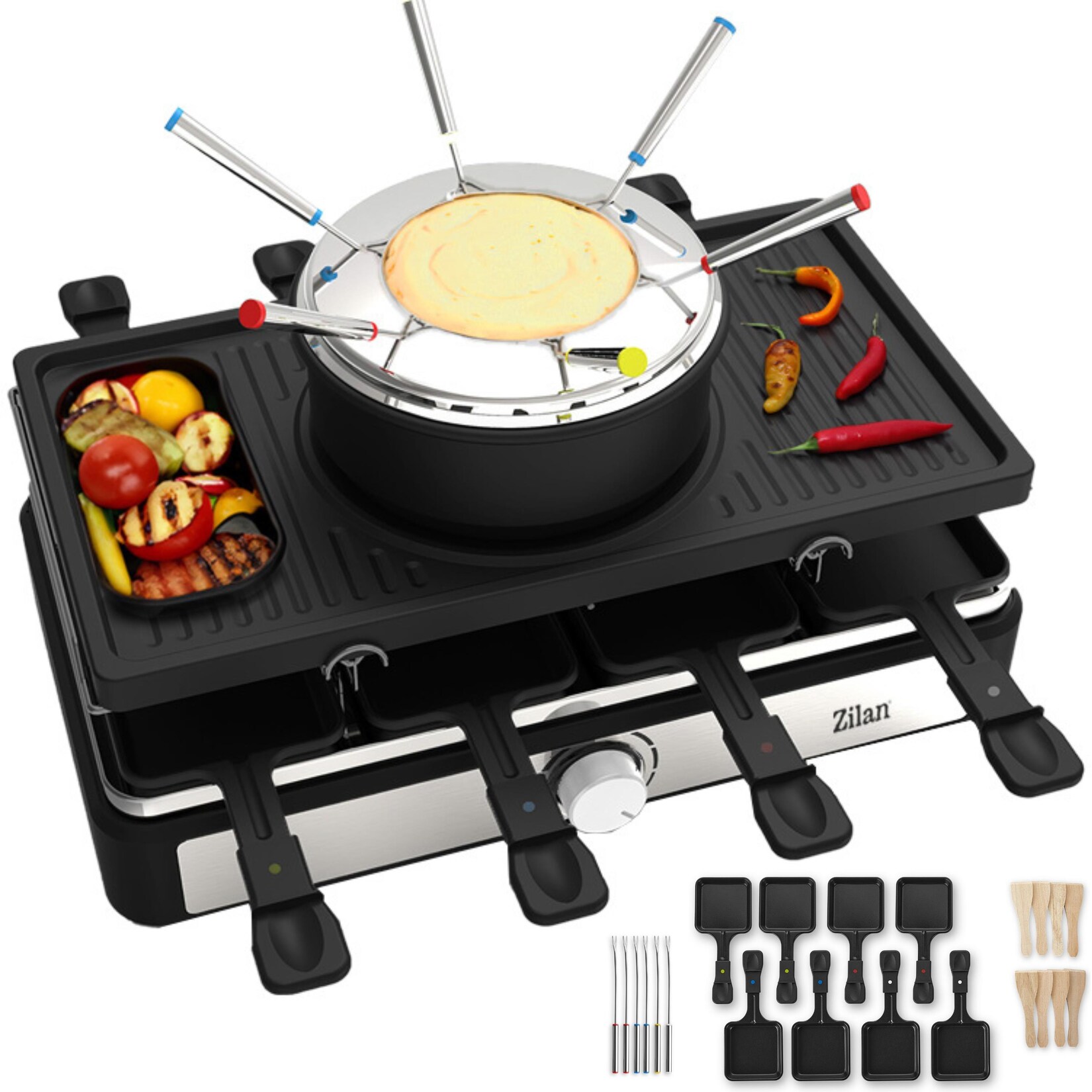 3in1 Raclette Grill für 8 Personen mit Fondue Set 1400W