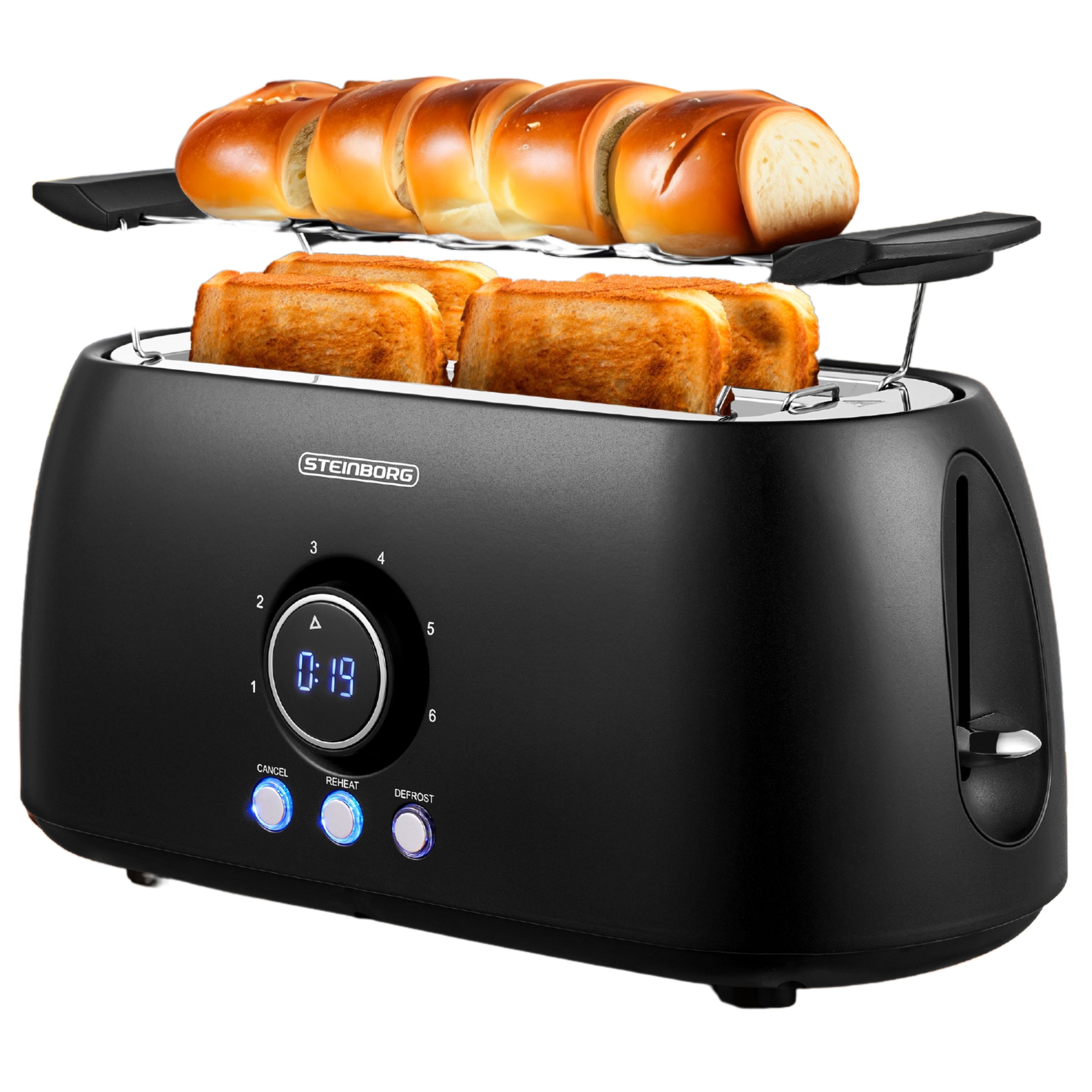 Steinborg 4 Scheiben XXL Toaster Digitales Display m. Br&ouml;tchenaufsatz 