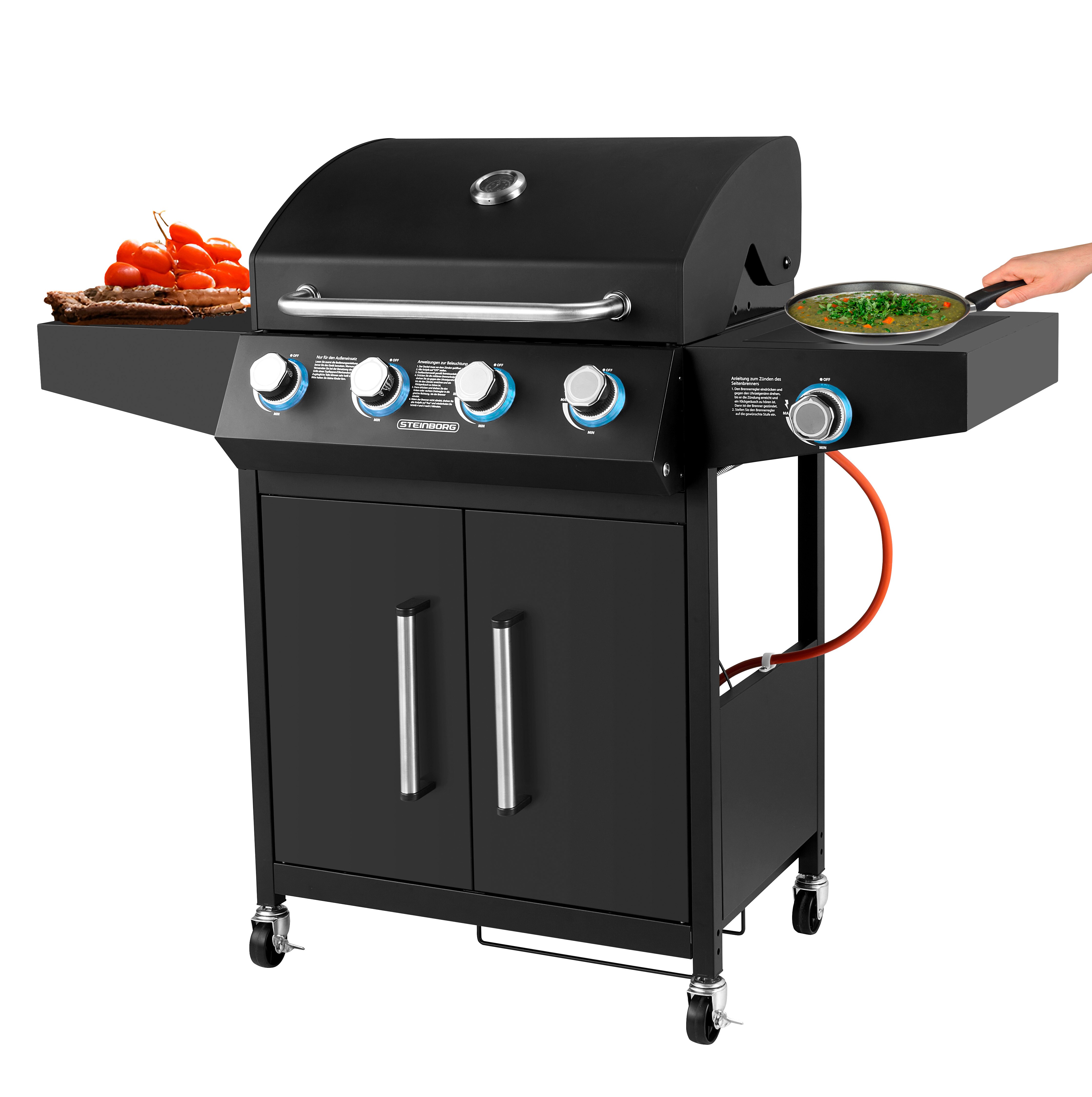 Steinborg Gasgrill 4 Brenner mit Seitenbrenner Beleuchtete Drehkn&ouml;pfe 