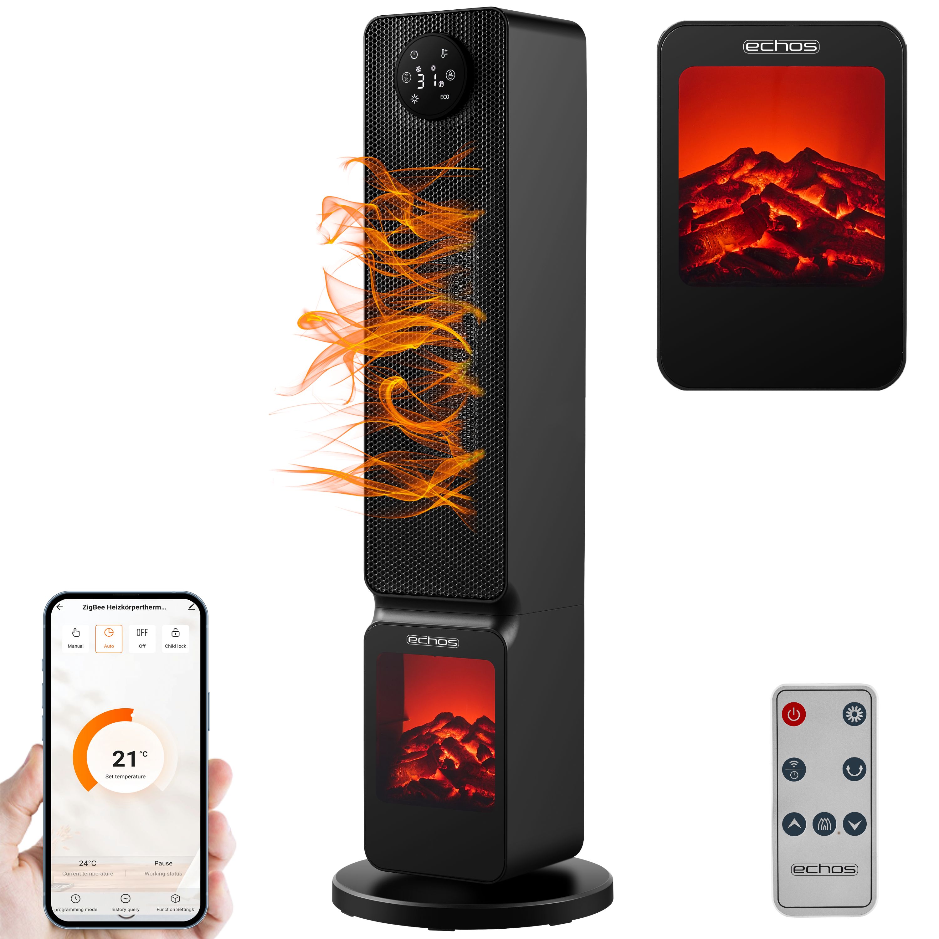 Echos Wifi Heizl&uuml;fter mit Kaminillusion 2000W Smart Life App 