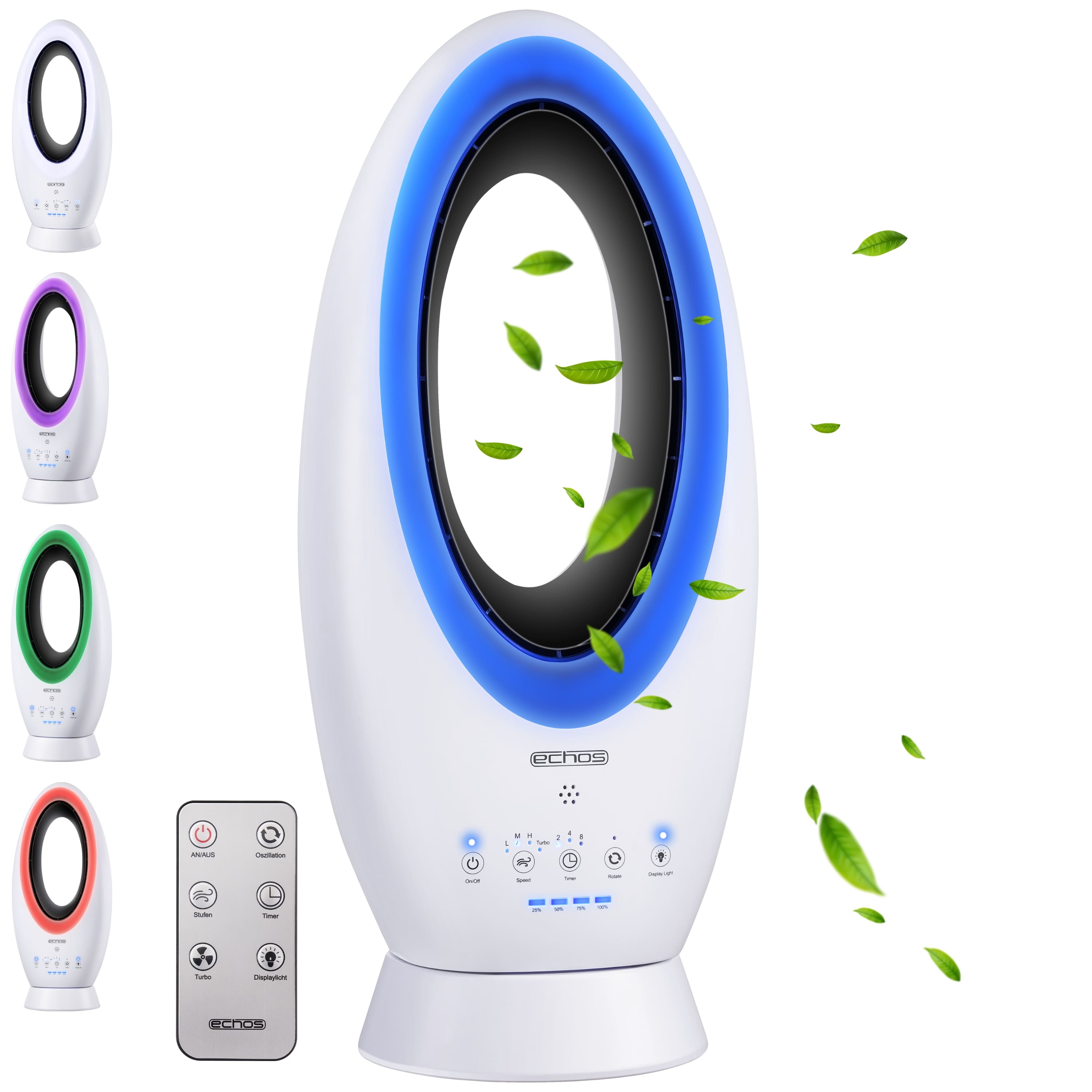 Echos 2-in-1 Design Akku Turmventilator Kabellos Fernbedienung LED Beleuchtung 