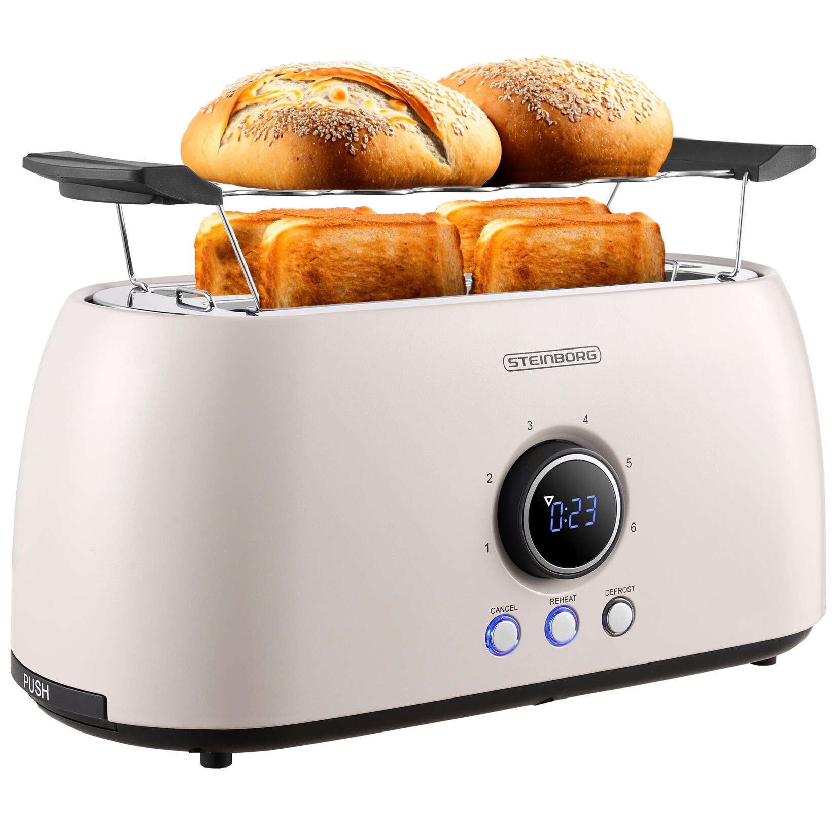 4 Scheiben XXL Toaster Digitales Display m. Brötchenaufsatz Beige