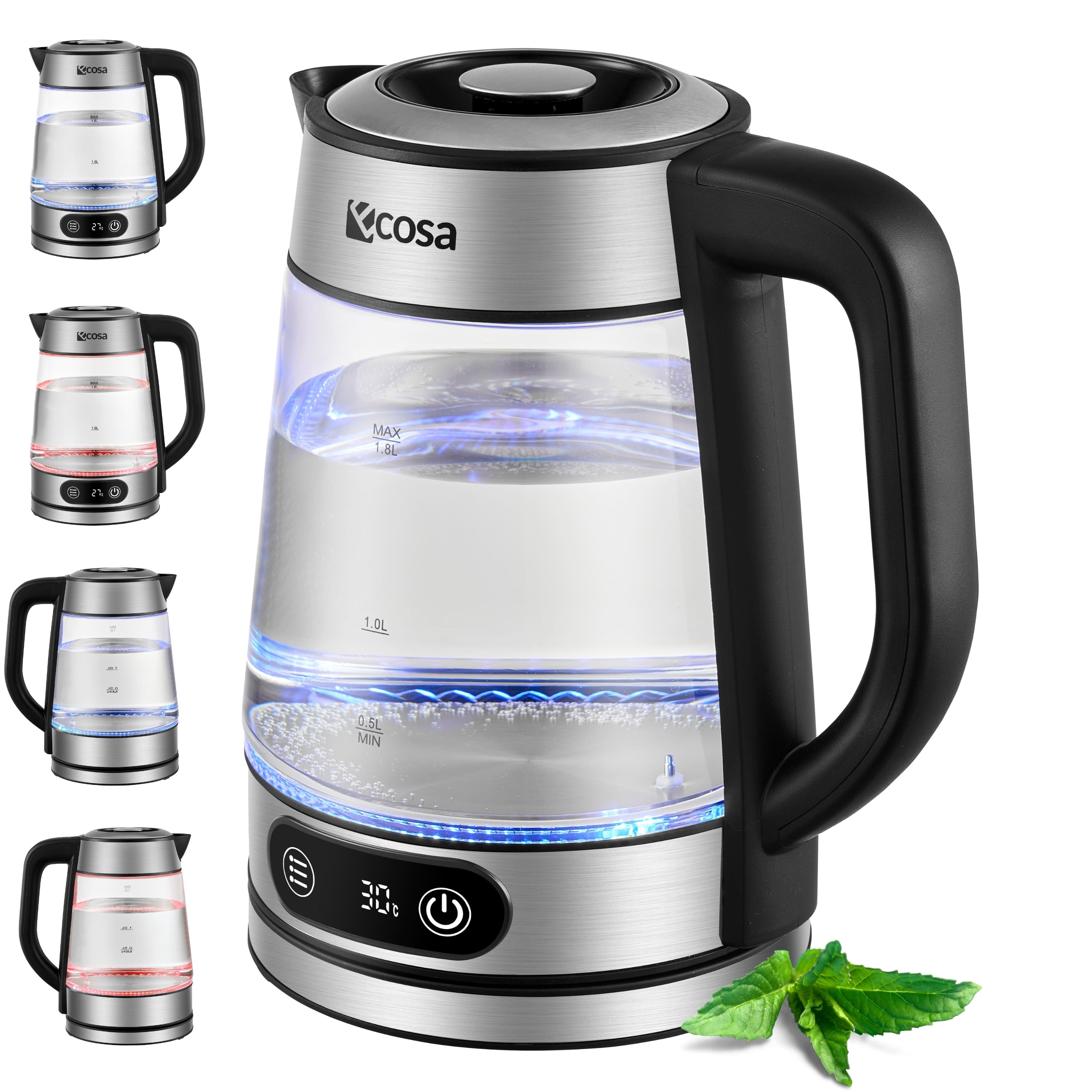 Ecosa Glas Wasserkocher m. Temperatureinstellung 1.8L 2200W 