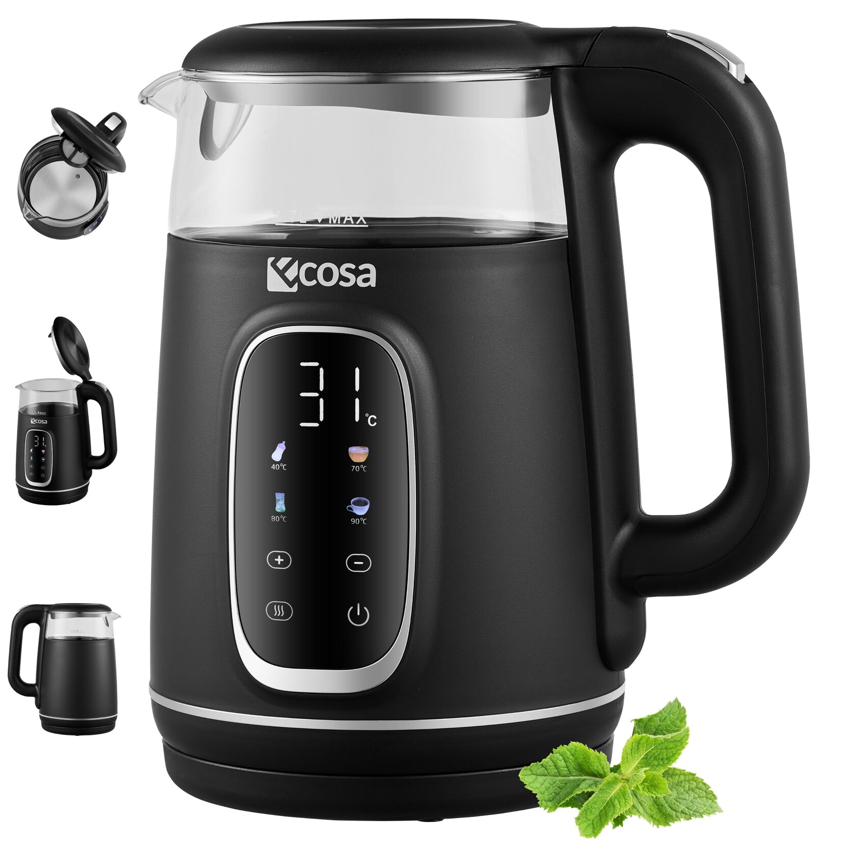 Glas Wasserkocher m. Temperatureinstellung Farb-Touchdisplay  2200W Schwarz