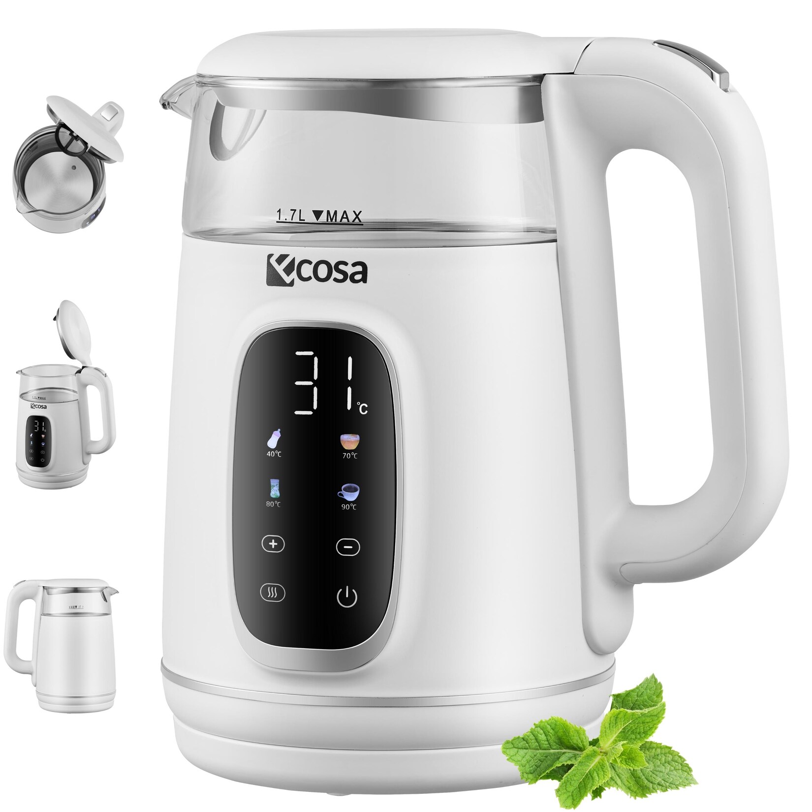 Glas Wasserkocher m. Temperatureinstellung Farb-Touchdisplay  2200W Weiß