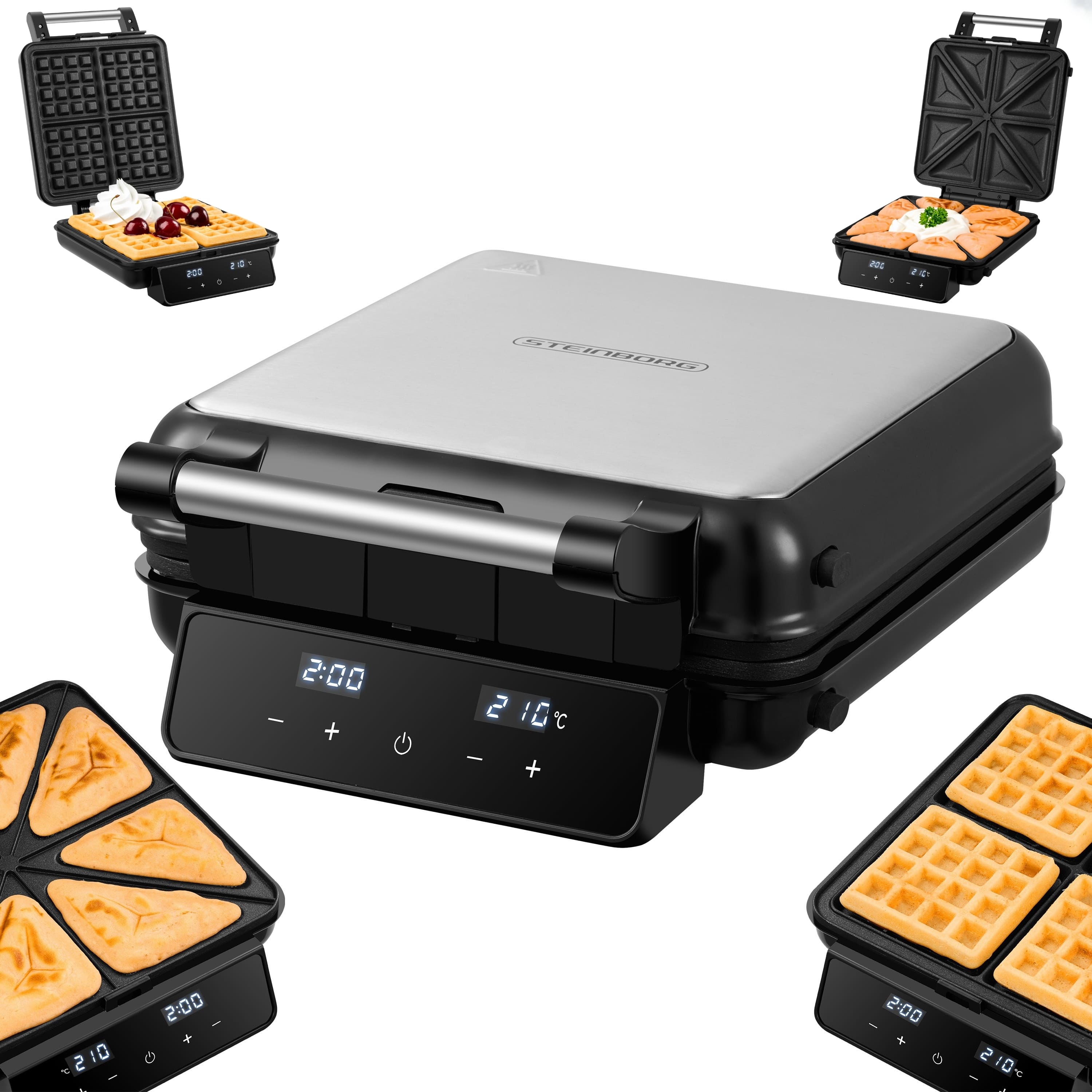 Steinborg 2-in-1 Waffeleisen & Sandwichmaker 1500W Touch Panel LED Display 