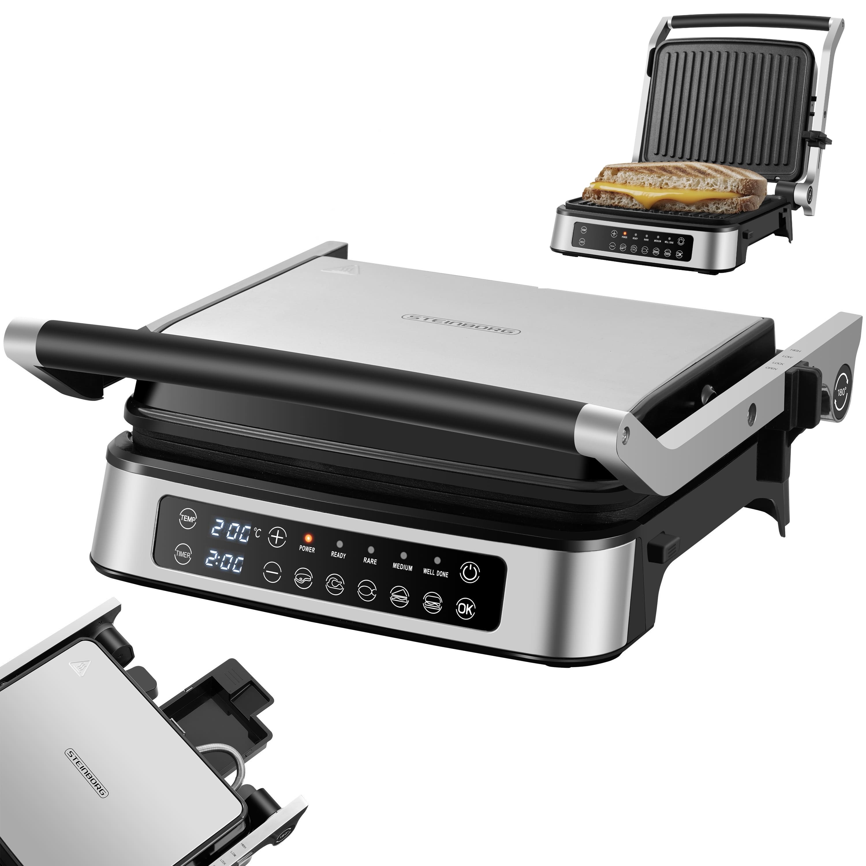 Steinborg Kontaktgrill 2000W mit Touch Display 180&deg; aufklappbar 