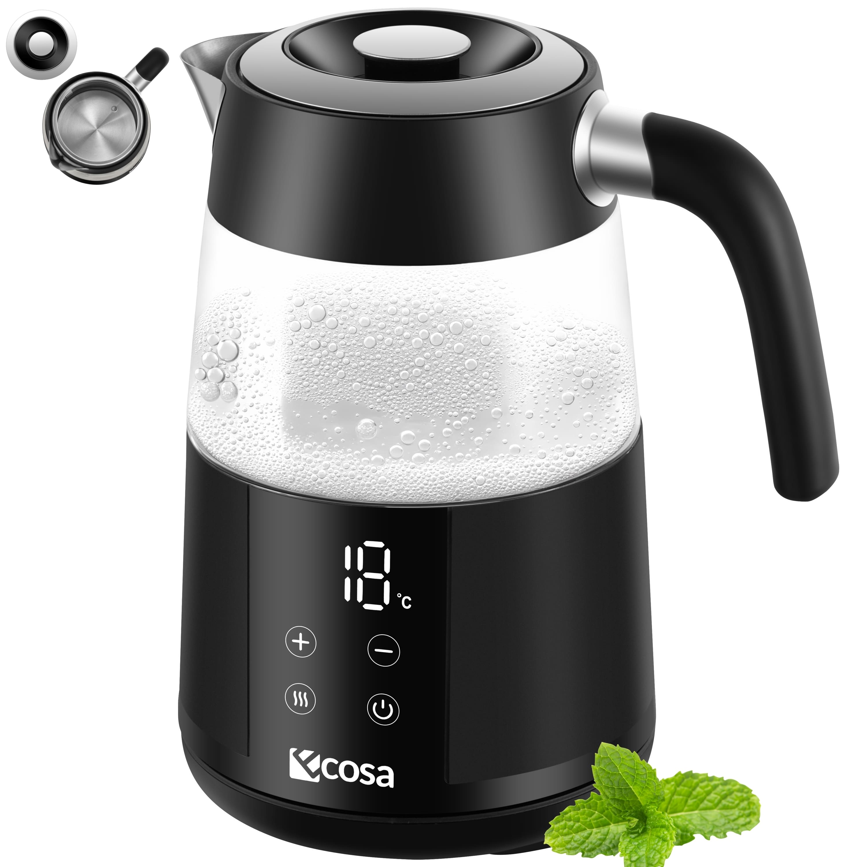 Ecosa Glas Wasserkocher m. Temperatureinstellung Sensor-Touchdisplay 1.7L 2200W Schwarz 