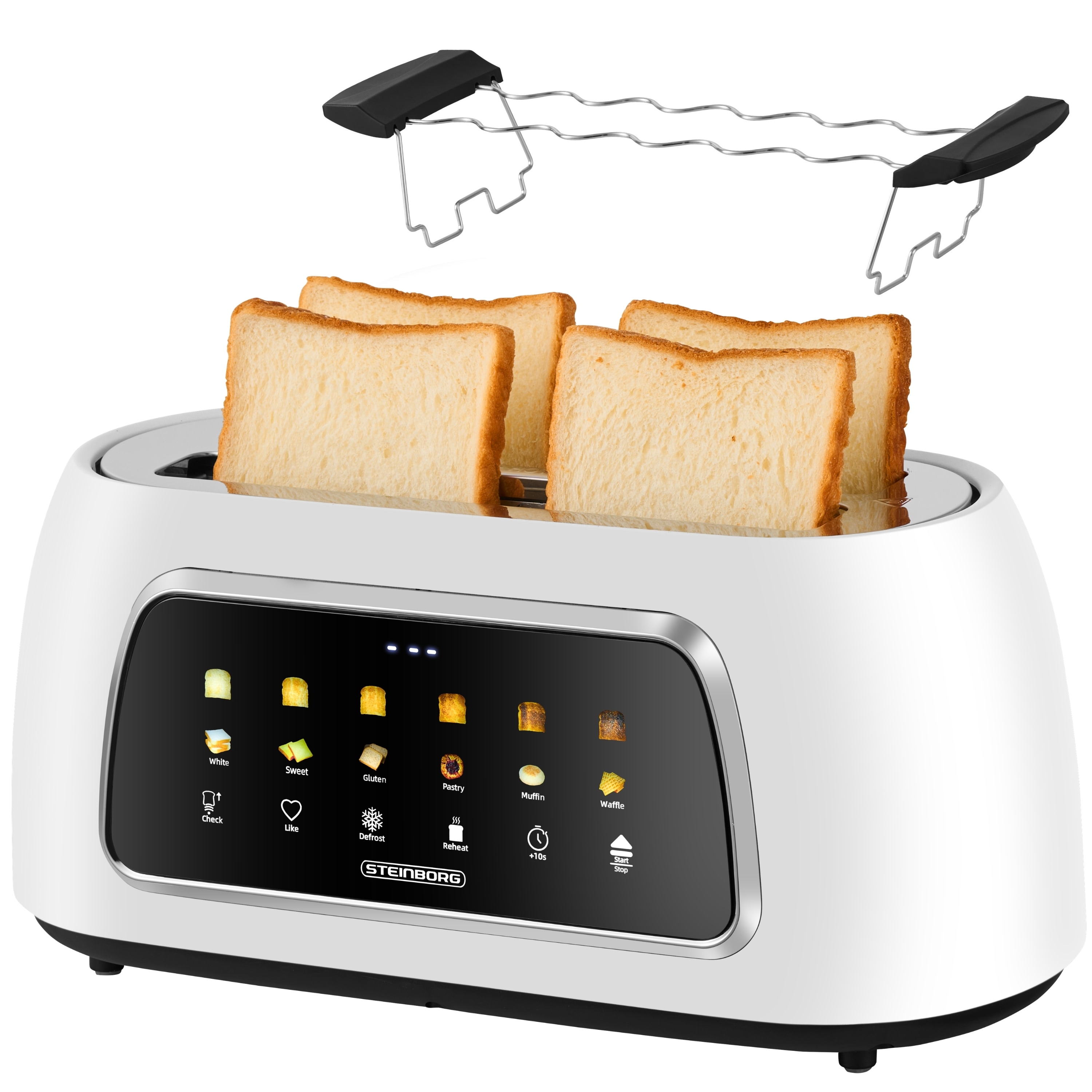 Steinborg XXL 4 Scheiben Toaster Lift Funktion Br&ouml;tchenaufsatz Wei&szlig; 