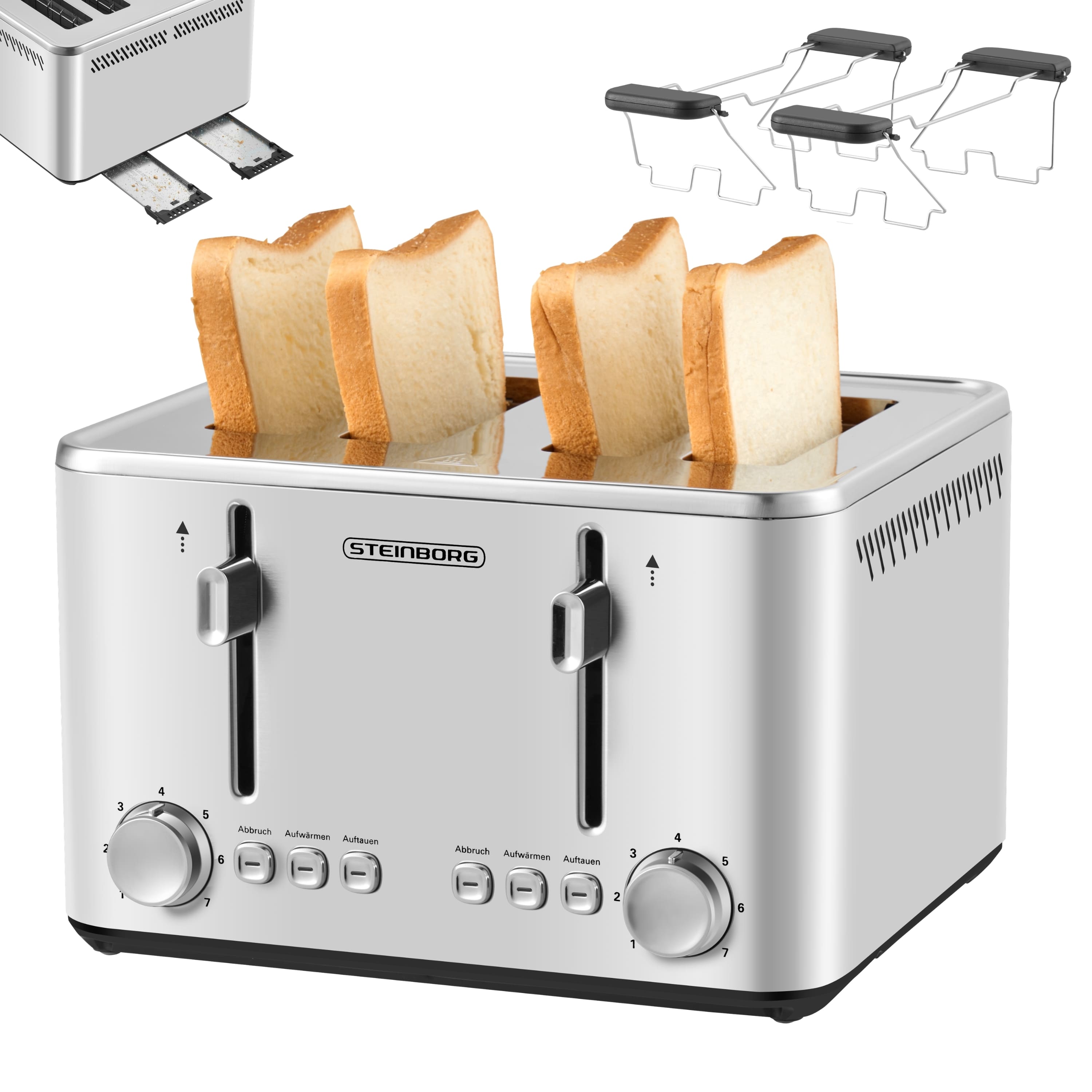 Steinborg 4 Scheiben Edelstahl Toaster mit Br&ouml;tchenaufsatz 1900W 