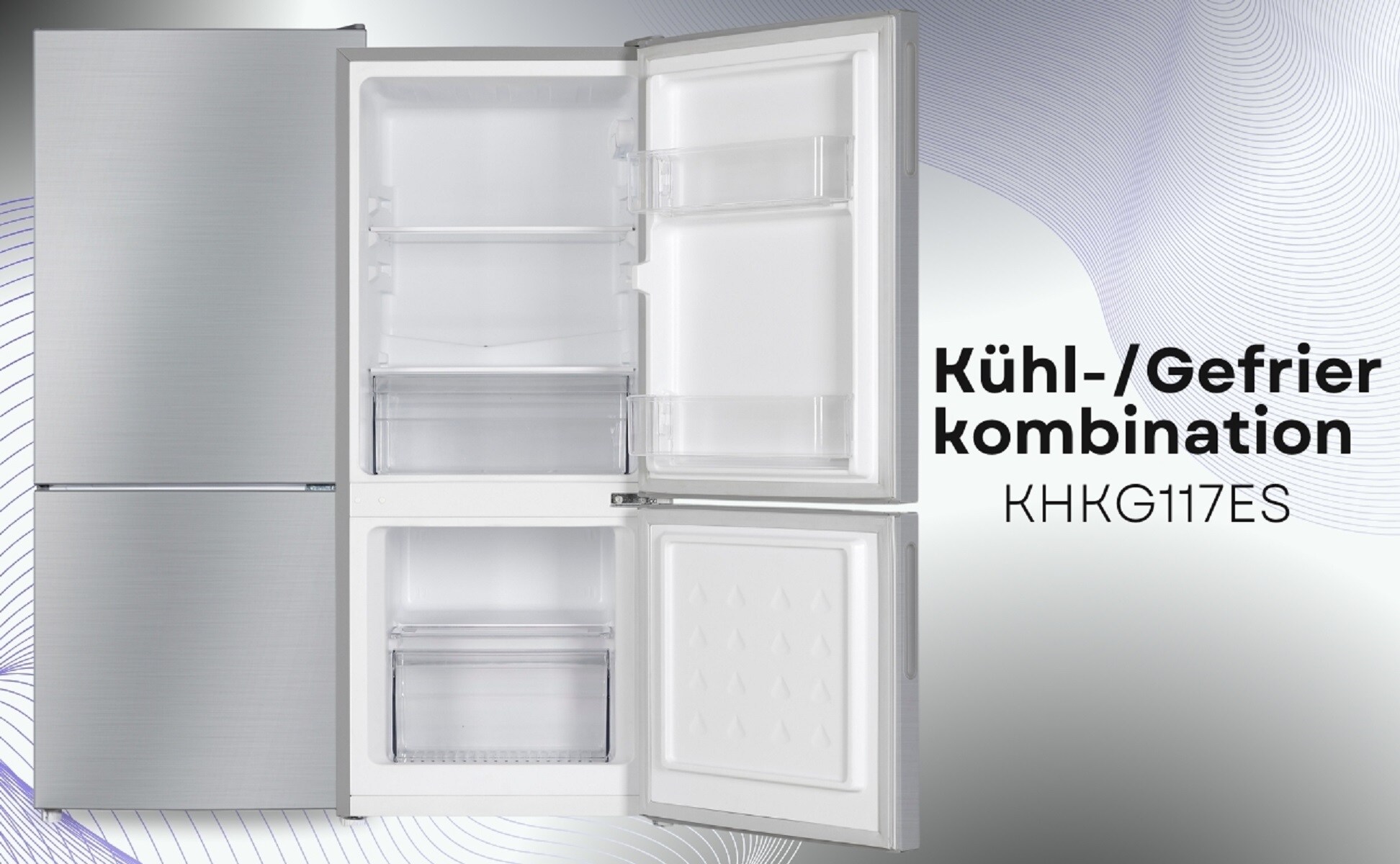 PKM K&uuml;hlgefrierkombination KHKG117ES Silber, 117 L &ndash; 4-Sterne-Gefrierfach, LED, 39 dB 