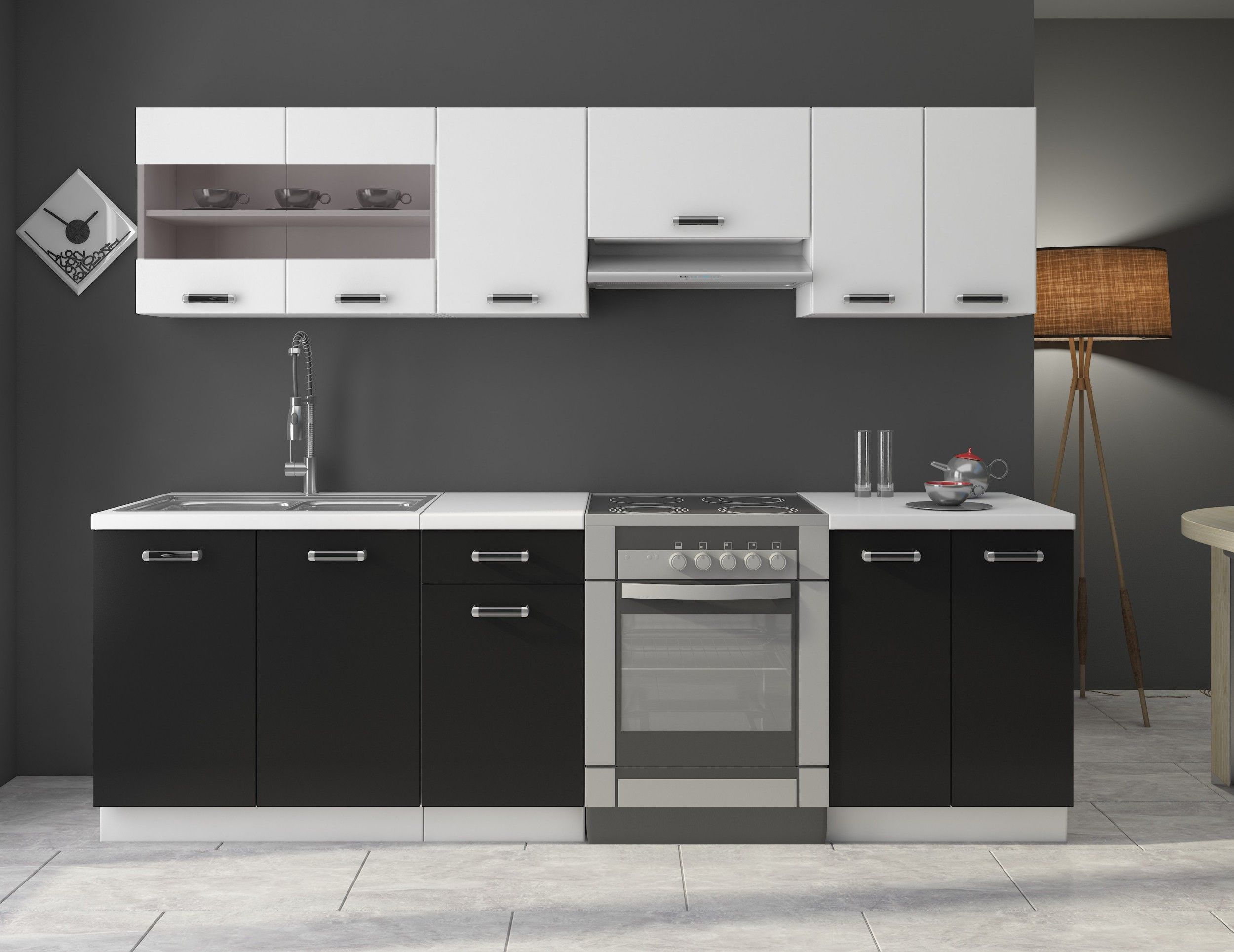 K&uuml;che Omega 240 cm K&uuml;chenzeile K&uuml;chenblock variabel stellbar in Schwarz Weiss 