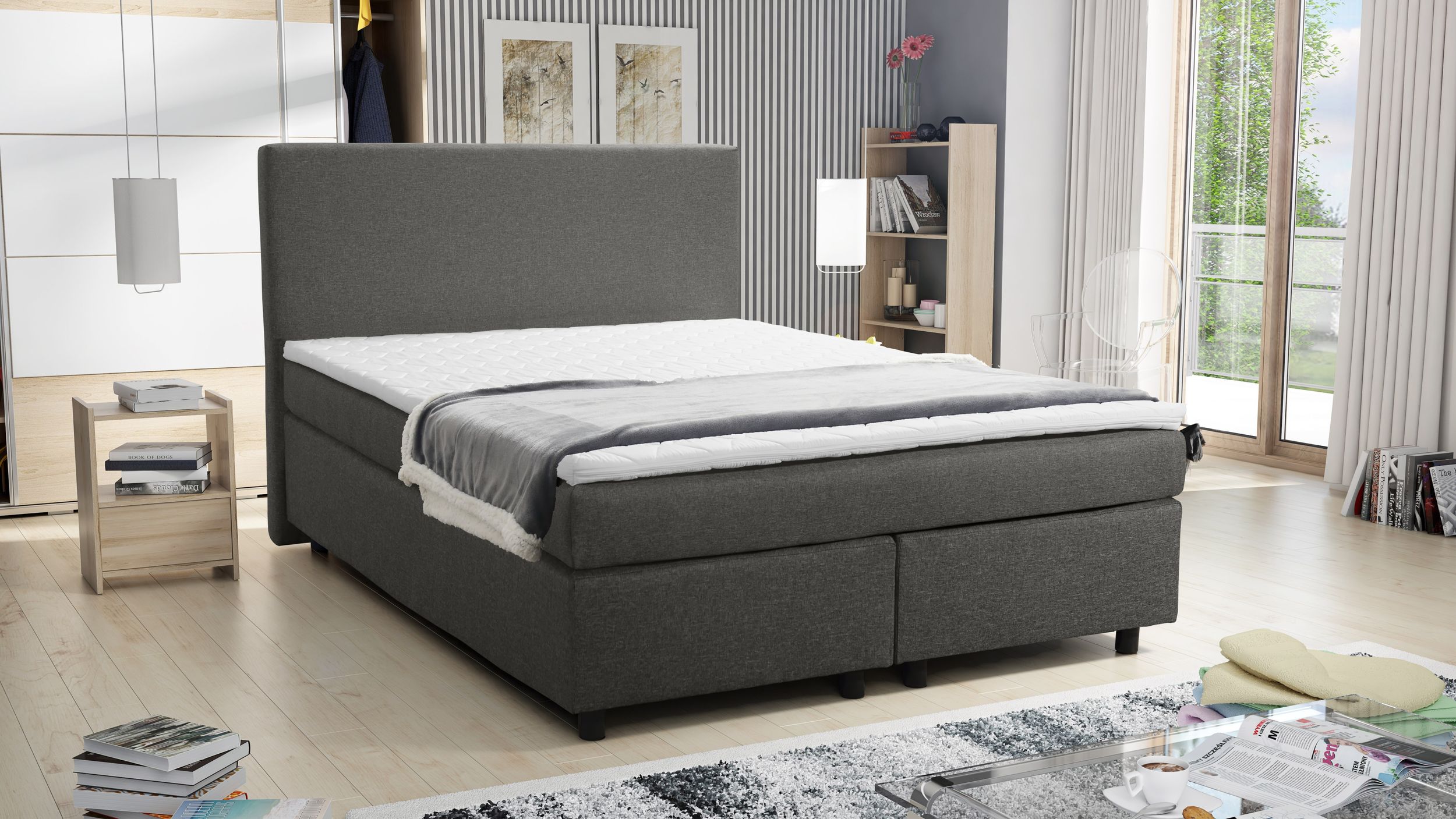 Boxspringbett Hotelbett 140x200 Bonellfederkern Bett mit Topper Paxos 2 grau 