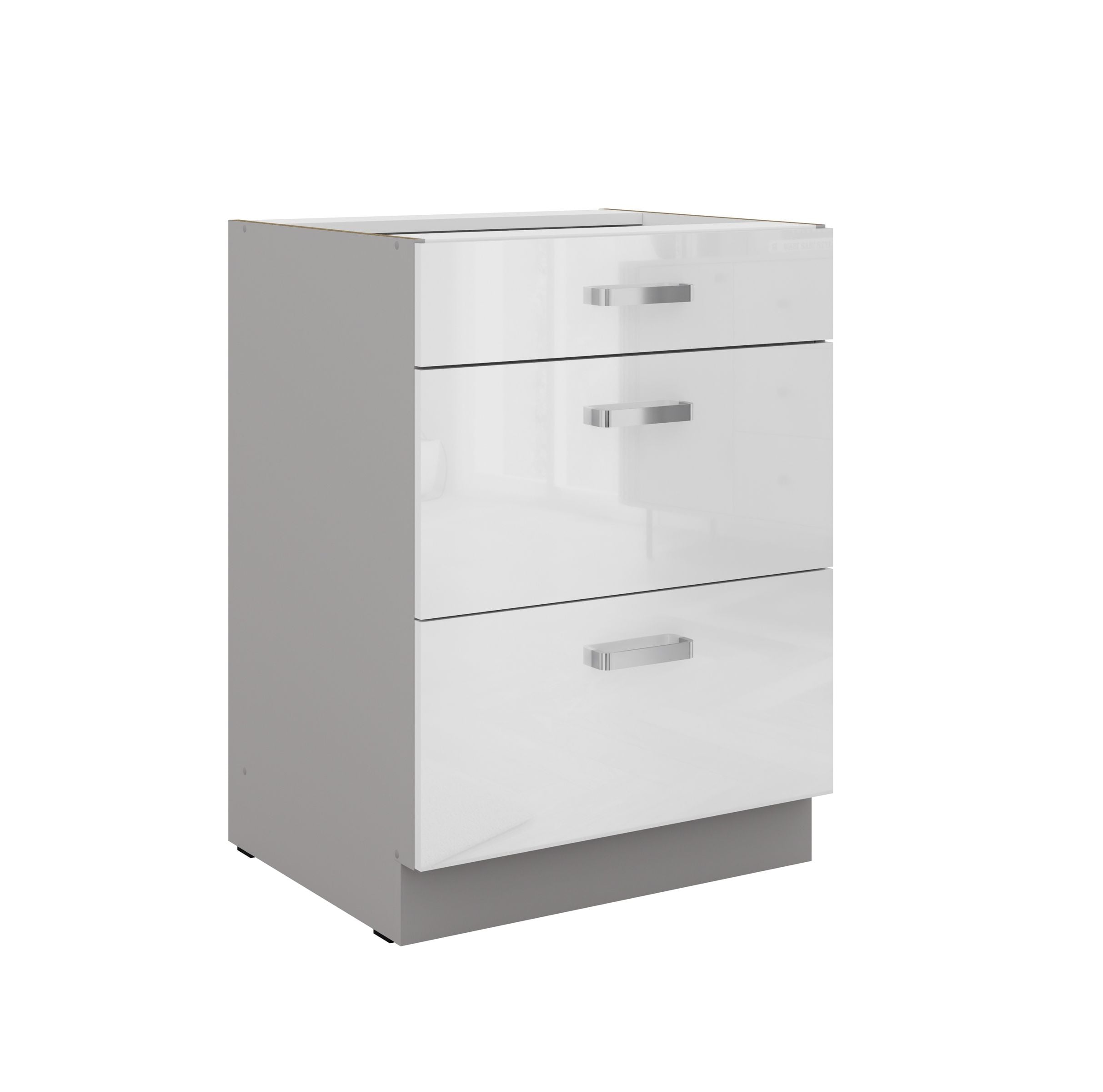 Unterschrank 60 Bianca Weiss Hochglanz + Grau Vollauszug Soft-Close K&uuml;che 