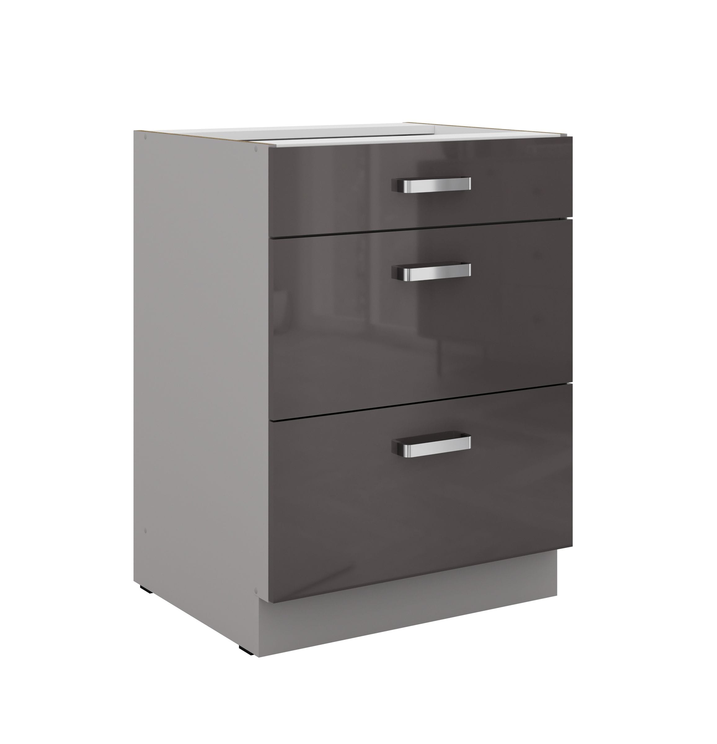 K&uuml;chen Unterschrank 60 cm Grau Hochglanz Vollauszug Soft-Close K&uuml;che Grey Bianca 