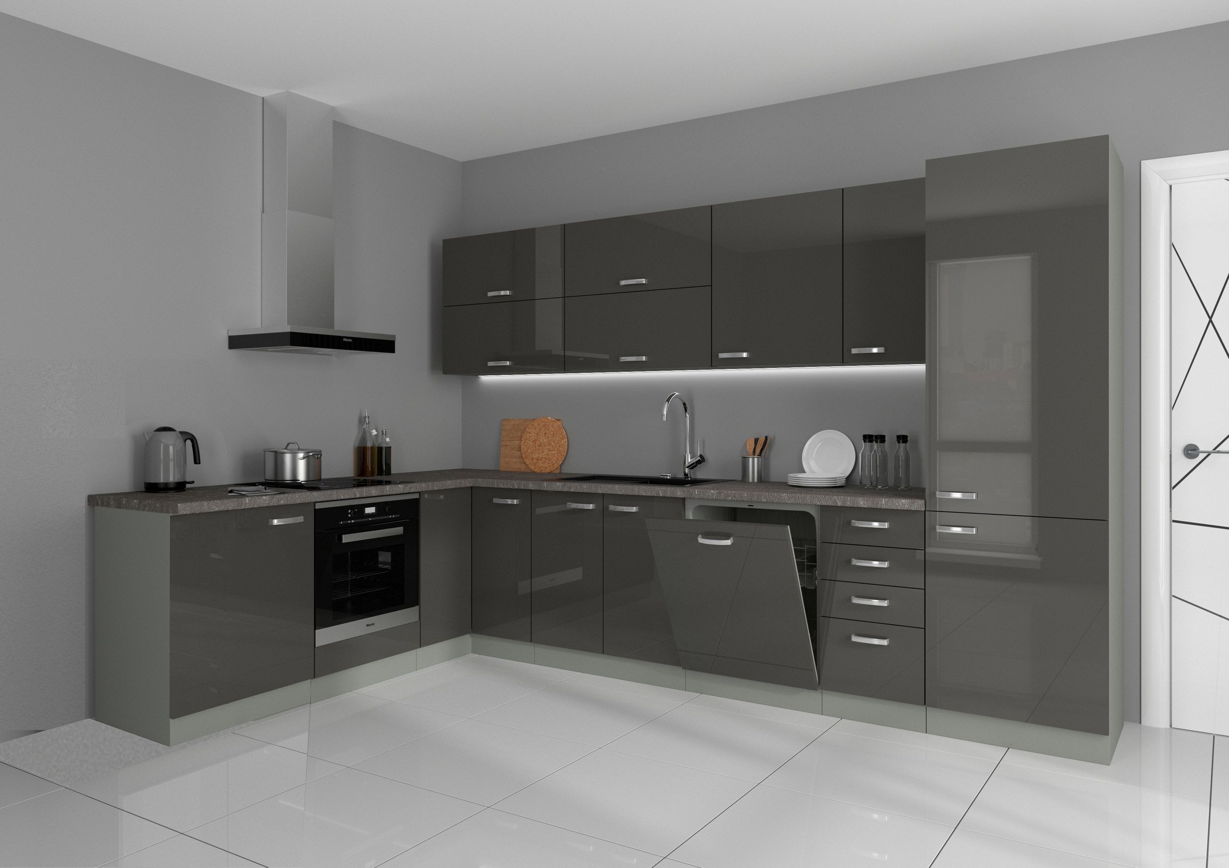 K&uuml;che Bianca Ecke II 210x330 cm K&uuml;chenzeile in Hochglanz Grau K&uuml;chenblock Grey 