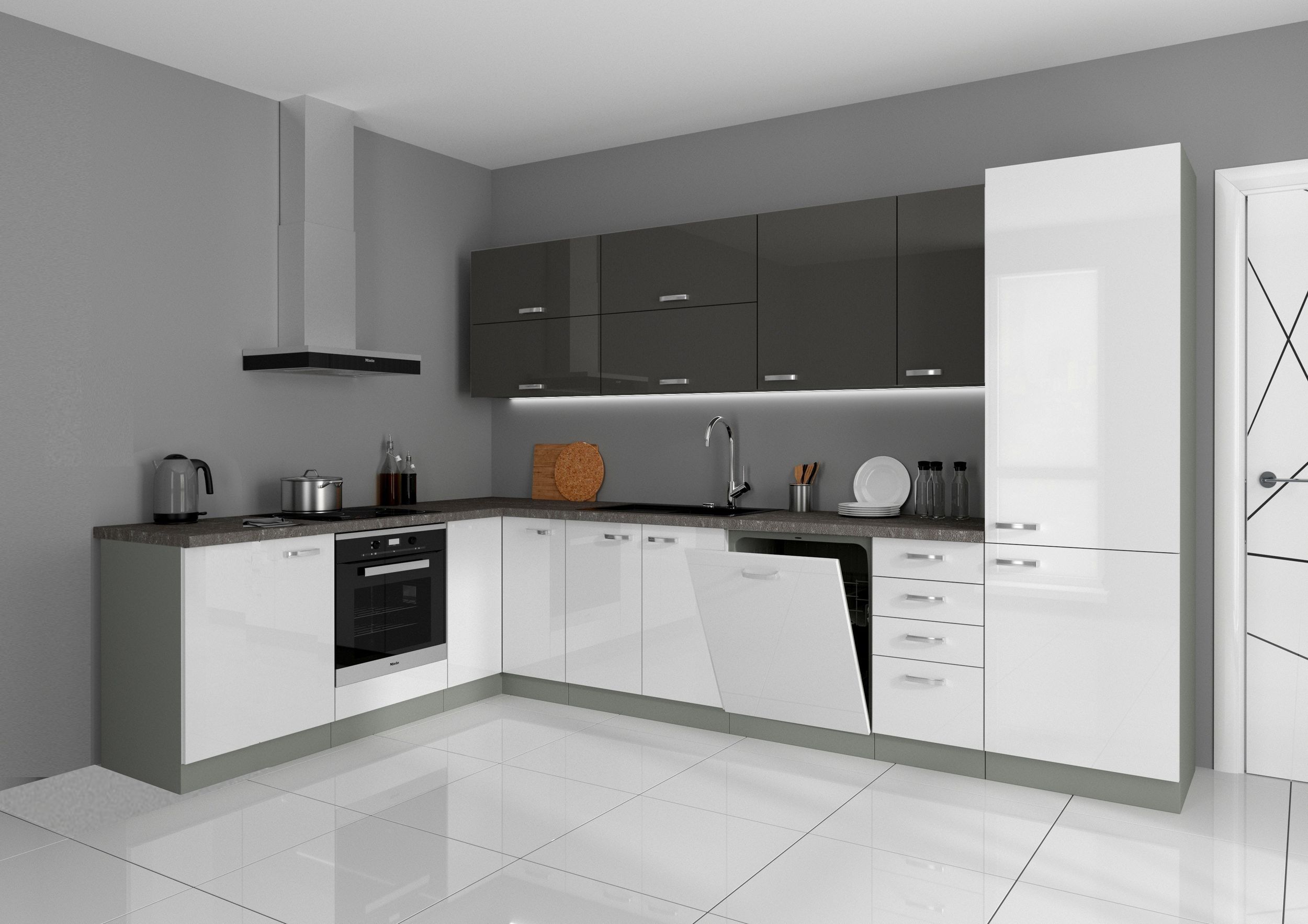 K&uuml;che Bianca Ecke V 210x330 K&uuml;chenzeile Hochglanz Weiss + Grau K&uuml;chenblock Grey 