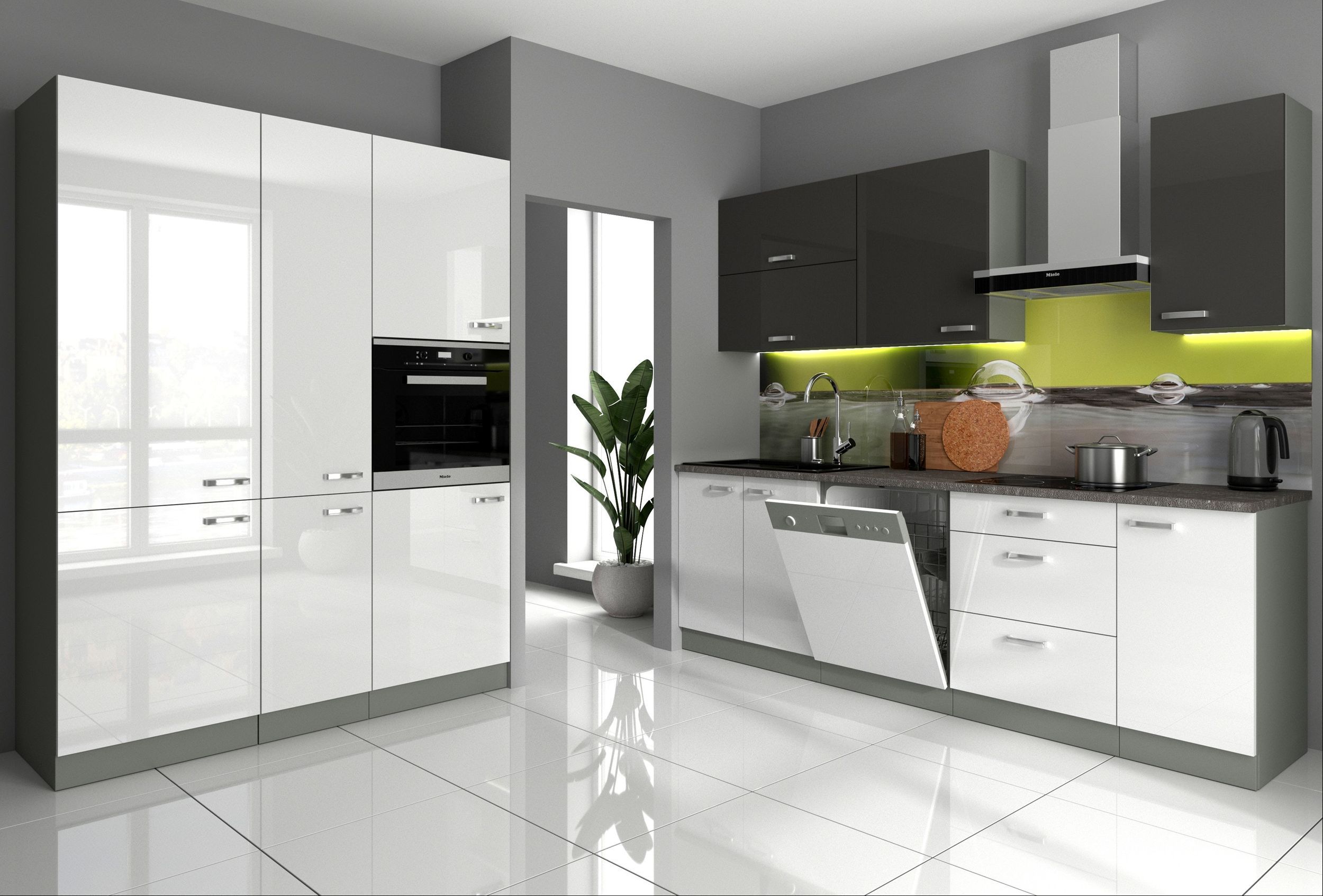 K&uuml;che Bianca V 240 + 160 cm K&uuml;chenzeile in Hochglanz Weiss Grau K&uuml;chenblock Grey 