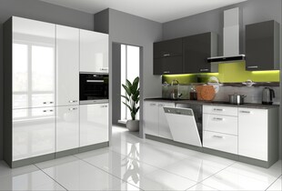 Küche Bianca V 240 + 160 cm Küchenzeile in Hochglanz Weiss Grau Küchenblock Grey 