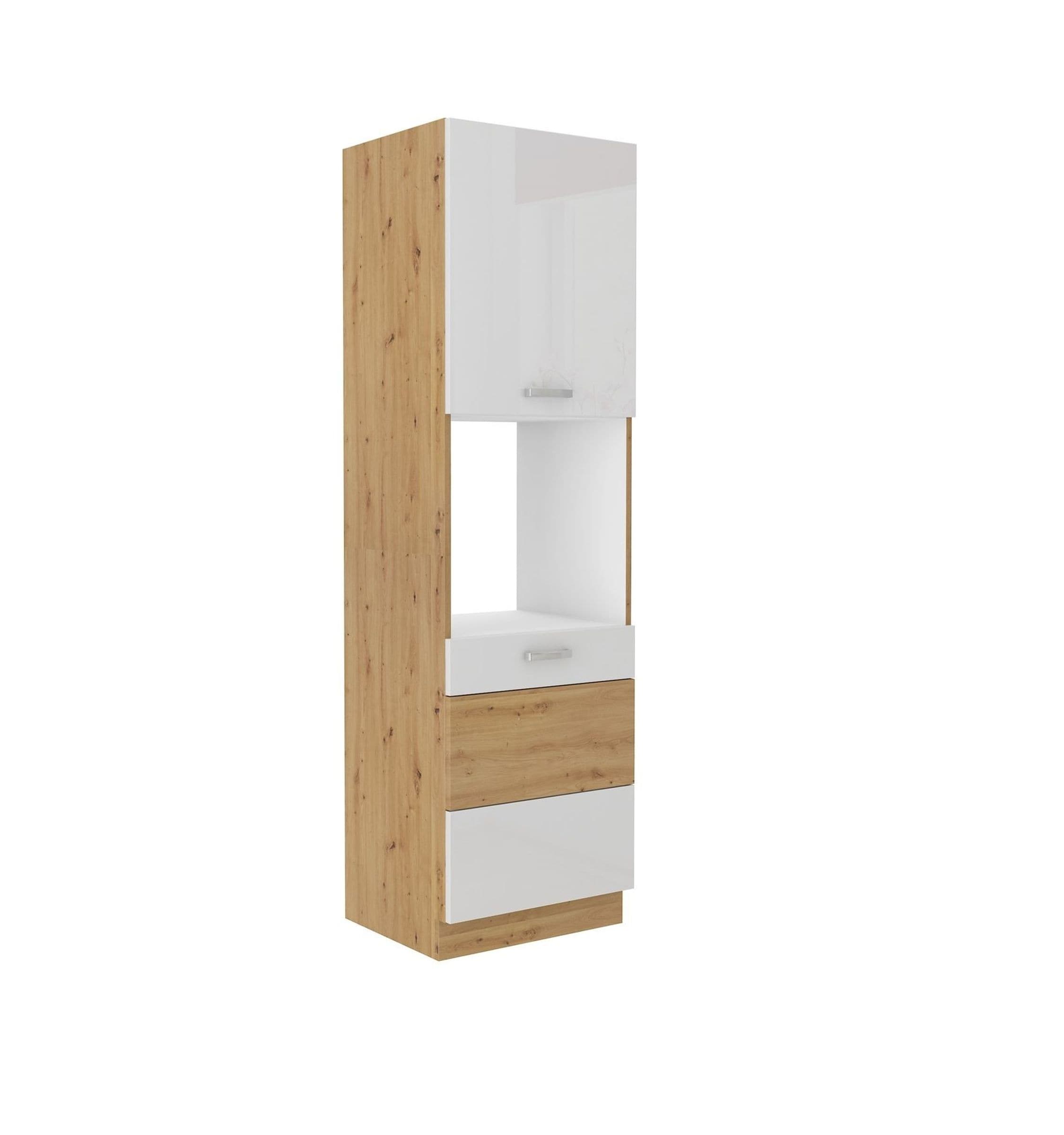 K&uuml;chen Hochschrank 60 cm Eiche Artisan + Weiss Hochglanz K&uuml;chenzeile K&uuml;chenblock 